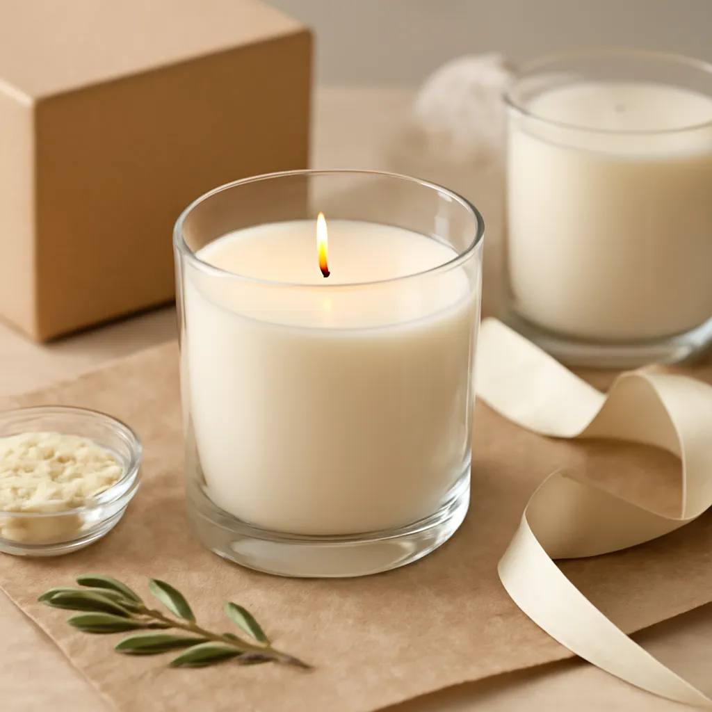 Create a close-up or macro evidence image illustrating safe fragrance choices when preferences are unknown. Emphasize realistic wax texture, wick fibers, glass reflections, fragrance ingredients, packaging materials or room details that directly support the article topic. Canvas size 2000 × 1500 px, photorealistic premium commercial photography, natural kraft, cream tissue and satin ribbon. Keep the composition clean and editorial, with one clear focal point and realistic scale. Candle vessels should be physically correct, with smooth glass and believable wax surfaces; any flame must be small and realistic and should appear only when context requires it. Use restrained props that directly support "Hostess Candle Gift Ideas for Dinner Parties and Gatherings". Avoid excessive seasonal décor, duplicated ingredient arrangements, surreal fragrance smoke, AI artifacts, noisy textures, distorted hands, unreadable labels, typography, icons, logos and watermarks. Leave a small area of negative space for optional manual annotations. Crisp detail, natural shadows, realistic color balance and subtle depth of field.