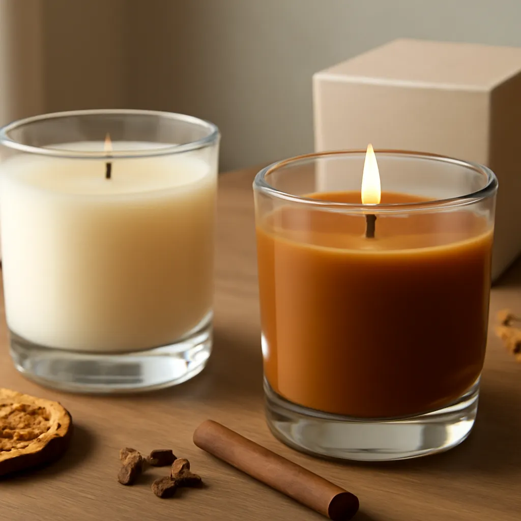 Create a close-up or macro evidence image illustrating cold throw versus hot throw. Emphasize realistic wax texture, wick fibers, glass reflections, fragrance ingredients, packaging materials or room details that directly support the article topic. Canvas size 2000 × 1500 px, photorealistic premium commercial photography, early-fall palette with restrained amber and burgundy accents. Keep the composition clean and editorial, with one clear focal point and realistic scale. Candle vessels should be physically correct, with smooth glass and believable wax surfaces; any flame must be small and realistic and should appear only when context requires it. Use restrained props that directly support "How Many Scented Candles Do You Need for a Room in 2026?". Avoid excessive seasonal décor, duplicated ingredient arrangements, surreal fragrance smoke, AI artifacts, noisy textures, distorted hands, unreadable labels, typography, icons, logos and watermarks. Leave a small area of negative space for optional manual annotations. Crisp detail, natural shadows, realistic color balance and subtle depth of field.