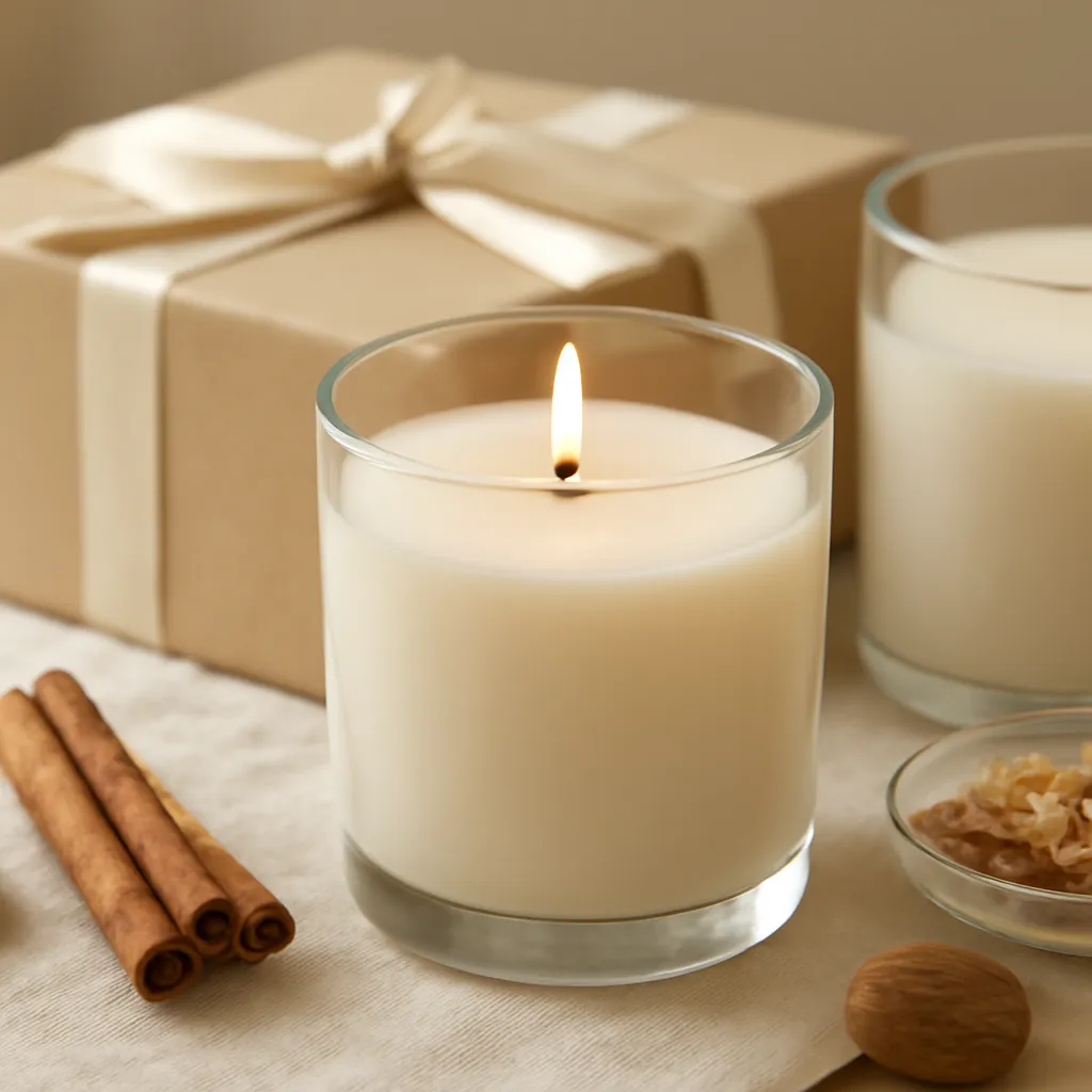 Create a close-up or macro evidence image illustrating safe fragrance choices when preferences are unknown. Emphasize realistic wax texture, wick fibers, glass reflections, fragrance ingredients, packaging materials or room details that directly support the article topic. Canvas size 2000 × 1500 px, photorealistic premium commercial photography, natural kraft, cream tissue and satin ribbon. Keep the composition clean and editorial, with one clear focal point and realistic scale. Candle vessels should be physically correct, with smooth glass and believable wax surfaces; any flame must be small and realistic and should appear only when context requires it. Use restrained props that directly support "Fall Candle Gift Ideas 2026 for a Cozy Season". Avoid excessive seasonal décor, duplicated ingredient arrangements, surreal fragrance smoke, AI artifacts, noisy textures, distorted hands, unreadable labels, typography, icons, logos and watermarks. Leave a small area of negative space for optional manual annotations. Crisp detail, natural shadows, realistic color balance and subtle depth of field.