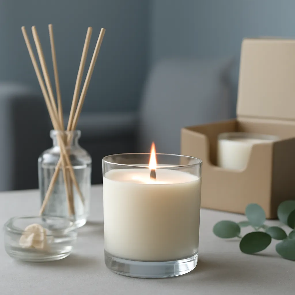 Create a close-up or macro evidence image illustrating clean-air and ventilation basics. Emphasize realistic wax texture, wick fibers, glass reflections, fragrance ingredients, packaging materials or room details that directly support the article topic. Canvas size 2000 × 1500 px, photorealistic premium commercial photography, soft gray-blue modern apartment palette. Keep the composition clean and editorial, with one clear focal point and realistic scale. Candle vessels should be physically correct, with smooth glass and believable wax surfaces; any flame must be small and realistic and should appear only when context requires it. Use restrained props that directly support "Home Fragrance Trends 2026: What Makes a Home Smell Cozy?". Avoid excessive seasonal décor, duplicated ingredient arrangements, surreal fragrance smoke, AI artifacts, noisy textures, distorted hands, unreadable labels, typography, icons, logos and watermarks. Leave a small area of negative space for optional manual annotations. Crisp detail, natural shadows, realistic color balance and subtle depth of field.