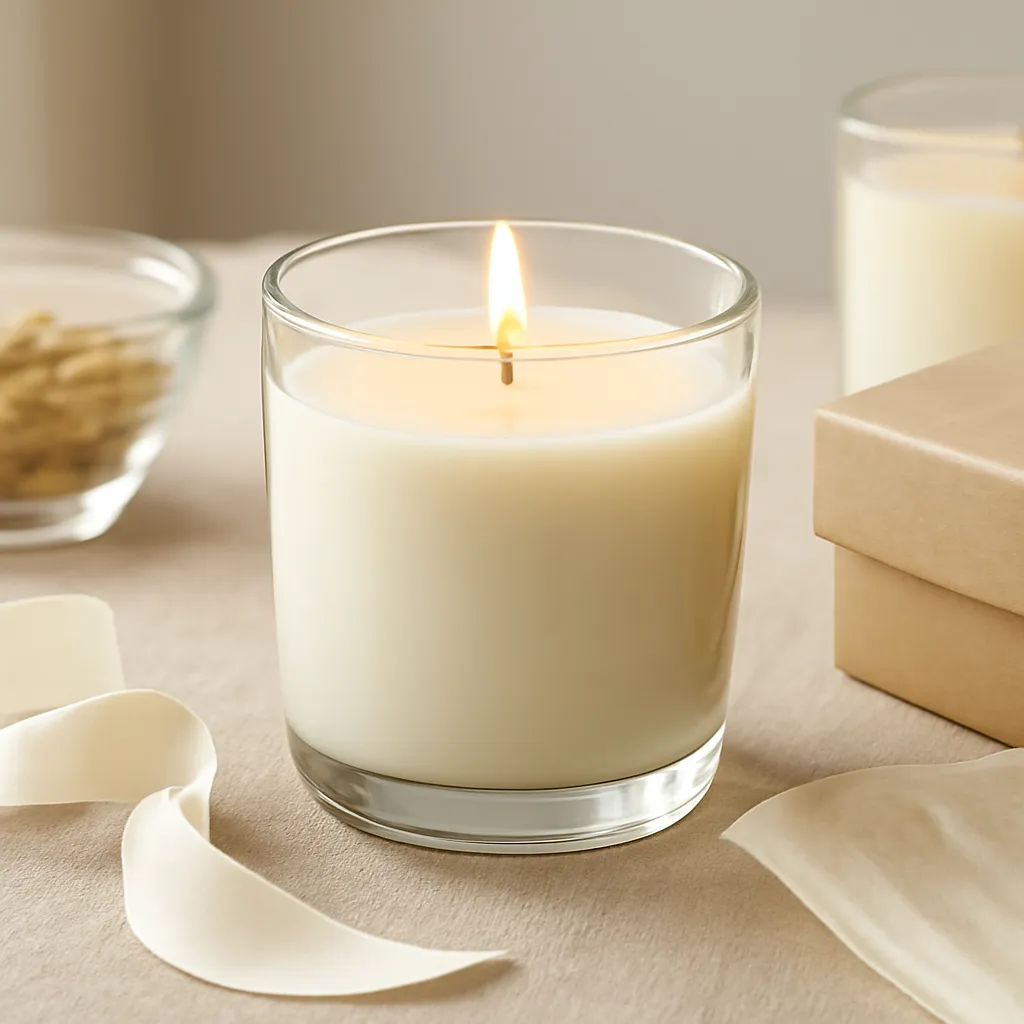 Create a close-up or macro evidence image illustrating safe fragrance choices when preferences are unknown. Emphasize realistic wax texture, wick fibers, glass reflections, fragrance ingredients, packaging materials or room details that directly support the article topic. Canvas size 2000 × 1500 px, photorealistic premium commercial photography, natural kraft, cream tissue and satin ribbon. Keep the composition clean and editorial, with one clear focal point and realistic scale. Candle vessels should be physically correct, with smooth glass and believable wax surfaces; any flame must be small and realistic and should appear only when context requires it. Use restrained props that directly support "Scented Candle Gift Guide: 7 Things to Check Before Buying". Avoid excessive seasonal décor, duplicated ingredient arrangements, surreal fragrance smoke, AI artifacts, noisy textures, distorted hands, unreadable labels, typography, icons, logos and watermarks. Leave a small area of negative space for optional manual annotations. Crisp detail, natural shadows, realistic color balance and subtle depth of field.