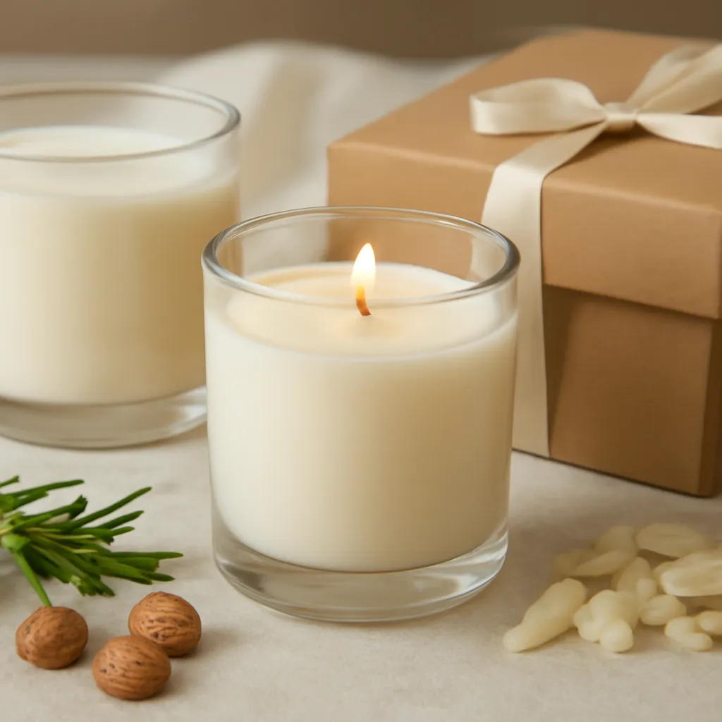 Create a close-up or macro evidence image illustrating safe fragrance choices when preferences are unknown. Emphasize realistic wax texture, wick fibers, glass reflections, fragrance ingredients, packaging materials or room details that directly support the article topic. Canvas size 2000 × 1500 px, photorealistic premium commercial photography, natural kraft, cream tissue and satin ribbon. Keep the composition clean and editorial, with one clear focal point and realistic scale. Candle vessels should be physically correct, with smooth glass and believable wax surfaces; any flame must be small and realistic and should appear only when context requires it. Use restrained props that directly support "Candle Gift Ideas 2026: How to Choose a Scent They'll Love". Avoid excessive seasonal décor, duplicated ingredient arrangements, surreal fragrance smoke, AI artifacts, noisy textures, distorted hands, unreadable labels, typography, icons, logos and watermarks. Leave a small area of negative space for optional manual annotations. Crisp detail, natural shadows, realistic color balance and subtle depth of field.