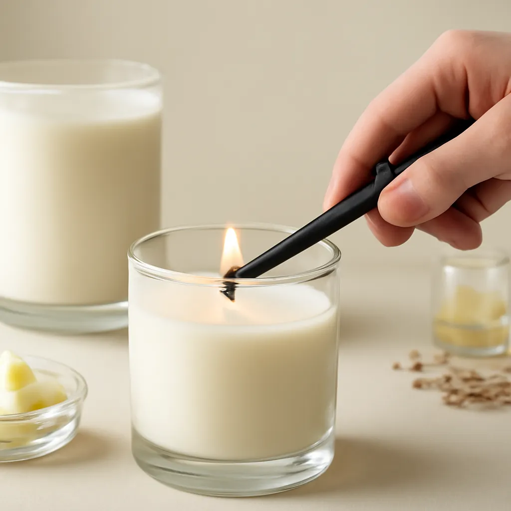 Create a close-up or macro evidence image illustrating wick maintenance. Emphasize realistic wax texture, wick fibers, glass reflections, fragrance ingredients, packaging materials or room details that directly support the article topic. Canvas size 2000 × 1500 px, photorealistic premium commercial photography, minimal ivory studio with gentle side lighting. Keep the composition clean and editorial, with one clear focal point and realistic scale. Candle vessels should be physically correct, with smooth glass and believable wax surfaces; any flame must be small and realistic and should appear only when context requires it. Use restrained props that directly support "Candle Care Basics: 10 Mistakes That Can Ruin Your Scented Candle". Avoid excessive seasonal décor, duplicated ingredient arrangements, surreal fragrance smoke, AI artifacts, noisy textures, distorted hands, unreadable labels, typography, icons, logos and watermarks. Leave a small area of negative space for optional manual annotations. Crisp detail, natural shadows, realistic color balance and subtle depth of field.