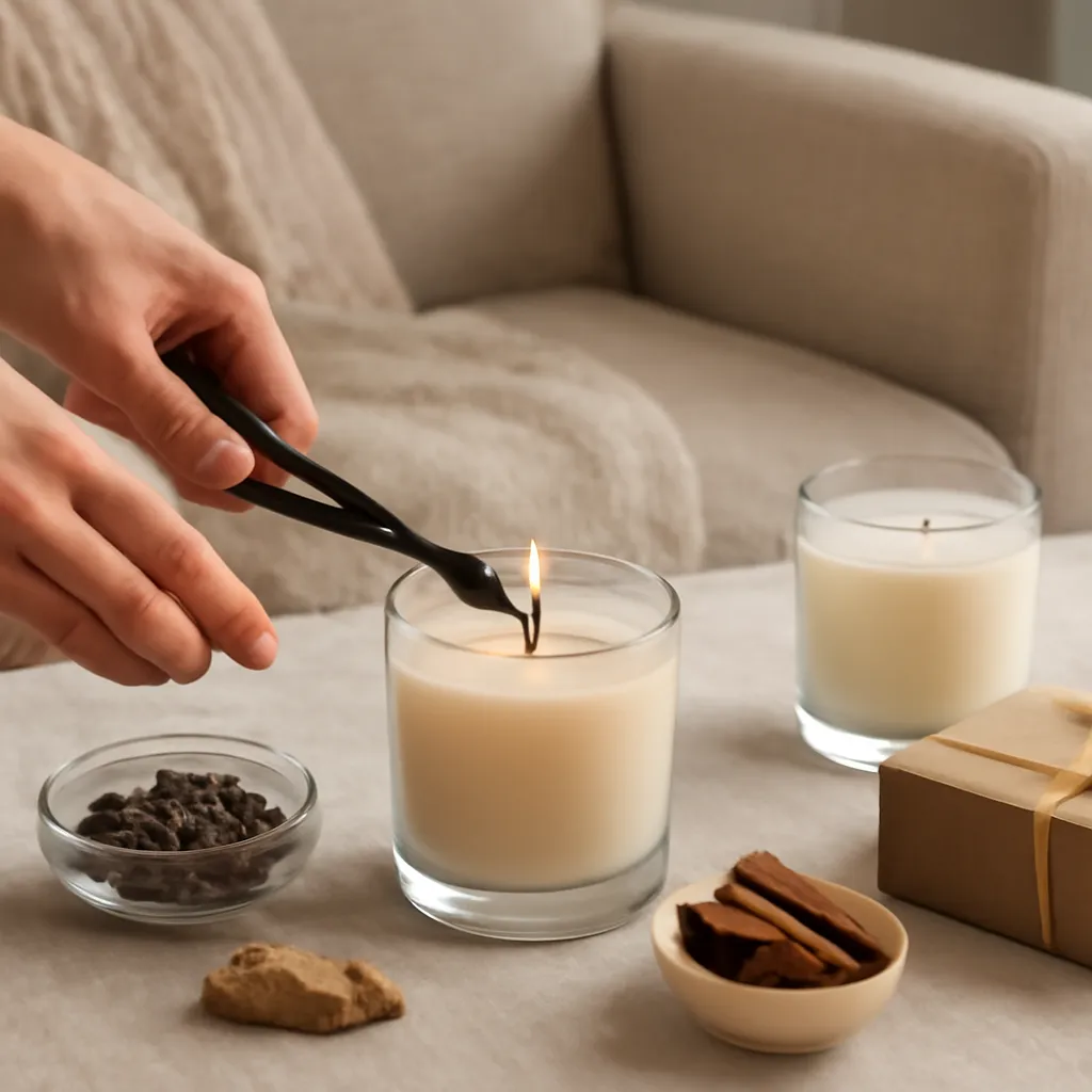 Create a practical how-to scene demonstrating wax-pool behavior. Include natural adult hands only if useful, performing one safe, believable action such as trimming a wick, placing a candle, comparing materials, arranging fragrance sources or wrapping a gift. Canvas size 2000 × 1500 px, photorealistic premium commercial photography, cozy reading-room setting with muted beige textiles. Keep the composition clean and editorial, with one clear focal point and realistic scale. Candle vessels should be physically correct, with smooth glass and believable wax surfaces; any flame must be small and realistic and should appear only when context requires it. Use restrained props that directly support "Candle Care 2026: How to Burn Scented Candles the Right Way". Avoid excessive seasonal décor, duplicated ingredient arrangements, surreal fragrance smoke, AI artifacts, noisy textures, distorted hands, unreadable labels, typography, icons, logos and watermarks. Leave a small area of negative space for optional manual annotations. Crisp detail, natural shadows, realistic color balance and subtle depth of field.