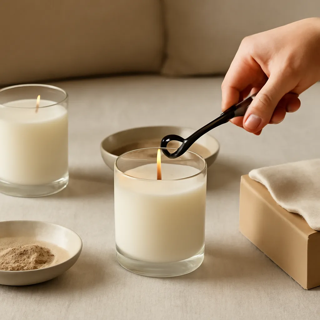 Create a practical how-to scene demonstrating effects of drafts and wick condition. Include natural adult hands only if useful, performing one safe, believable action such as trimming a wick, placing a candle, comparing materials, arranging fragrance sources or wrapping a gift. Canvas size 2000 × 1500 px, photorealistic premium commercial photography, cozy reading-room setting with muted beige textiles. Keep the composition clean and editorial, with one clear focal point and realistic scale. Candle vessels should be physically correct, with smooth glass and believable wax surfaces; any flame must be small and realistic and should appear only when context requires it. Use restrained props that directly support "First Burn Candle Care: How Long Should You Burn a New Candle?". Avoid excessive seasonal décor, duplicated ingredient arrangements, surreal fragrance smoke, AI artifacts, noisy textures, distorted hands, unreadable labels, typography, icons, logos and watermarks. Leave a small area of negative space for optional manual annotations. Crisp detail, natural shadows, realistic color balance and subtle depth of field.