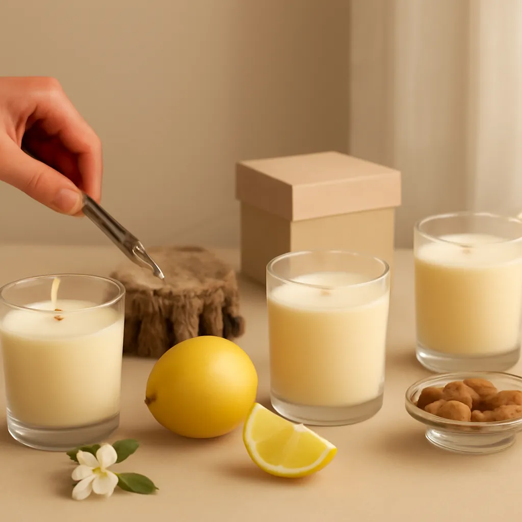 Create a practical how-to scene demonstrating room size and airflow. Include natural adult hands only if useful, performing one safe, believable action such as trimming a wick, placing a candle, comparing materials, arranging fragrance sources or wrapping a gift. Canvas size 2000 × 1500 px, photorealistic premium commercial photography, warm beige and amber palette. Keep the composition clean and editorial, with one clear focal point and realistic scale. Candle vessels should be physically correct, with smooth glass and believable wax surfaces; any flame must be small and realistic and should appear only when context requires it. Use restrained props that directly support "Candle Scent Families Explained: Floral, Woody, Fresh and Gourmand". Avoid excessive seasonal décor, duplicated ingredient arrangements, surreal fragrance smoke, AI artifacts, noisy textures, distorted hands, unreadable labels, typography, icons, logos and watermarks. Leave a small area of negative space for optional manual annotations. Crisp detail, natural shadows, realistic color balance and subtle depth of field.