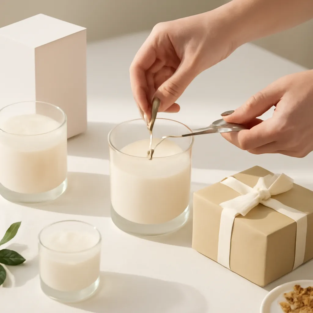 Create a practical how-to scene demonstrating vessel style and packaging. Include natural adult hands only if useful, performing one safe, believable action such as trimming a wick, placing a candle, comparing materials, arranging fragrance sources or wrapping a gift. Canvas size 2000 × 1500 px, photorealistic premium commercial photography, clean white gift studio with warm shadows. Keep the composition clean and editorial, with one clear focal point and realistic scale. Candle vessels should be physically correct, with smooth glass and believable wax surfaces; any flame must be small and realistic and should appear only when context requires it. Use restrained props that directly support "Are Candles a Good Gift? When They Work and How to Choose One". Avoid excessive seasonal décor, duplicated ingredient arrangements, surreal fragrance smoke, AI artifacts, noisy textures, distorted hands, unreadable labels, typography, icons, logos and watermarks. Leave a small area of negative space for optional manual annotations. Crisp detail, natural shadows, realistic color balance and subtle depth of field.