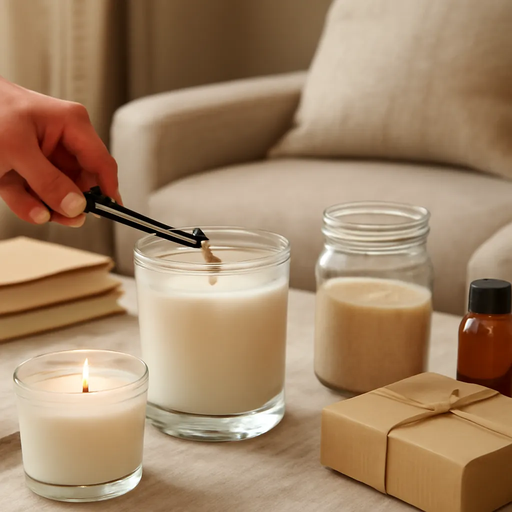 Create a practical how-to scene demonstrating safe ways to correct an existing tunnel. Include natural adult hands only if useful, performing one safe, believable action such as trimming a wick, placing a candle, comparing materials, arranging fragrance sources or wrapping a gift. Canvas size 2000 × 1500 px, photorealistic premium commercial photography, cozy reading-room setting with muted beige textiles. Keep the composition clean and editorial, with one clear focal point and realistic scale. Candle vessels should be physically correct, with smooth glass and believable wax surfaces; any flame must be small and realistic and should appear only when context requires it. Use restrained props that directly support "Candle Tunneling Prevention: Essential Candle Care Tips for 2026". Avoid excessive seasonal décor, duplicated ingredient arrangements, surreal fragrance smoke, AI artifacts, noisy textures, distorted hands, unreadable labels, typography, icons, logos and watermarks. Leave a small area of negative space for optional manual annotations. Crisp detail, natural shadows, realistic color balance and subtle depth of field.