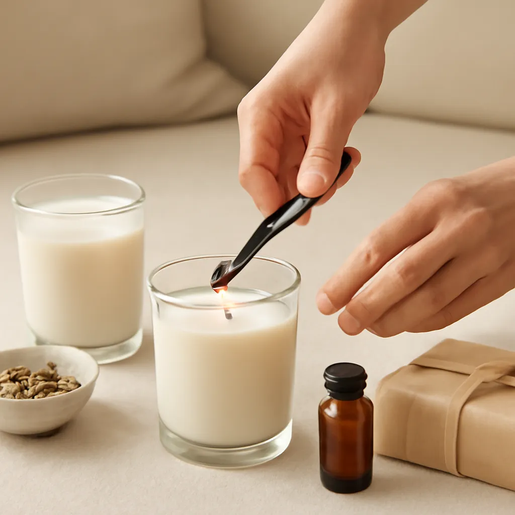 Create a practical how-to scene demonstrating wax temperature and burn conditions. Include natural adult hands only if useful, performing one safe, believable action such as trimming a wick, placing a candle, comparing materials, arranging fragrance sources or wrapping a gift. Canvas size 2000 × 1500 px, photorealistic premium commercial photography, warm beige and amber palette. Keep the composition clean and editorial, with one clear focal point and realistic scale. Candle vessels should be physically correct, with smooth glass and believable wax surfaces; any flame must be small and realistic and should appear only when context requires it. Use restrained props that directly support "What Is Scent Throw in Candles? 2026 Cold vs Hot Throw Guide". Avoid excessive seasonal décor, duplicated ingredient arrangements, surreal fragrance smoke, AI artifacts, noisy textures, distorted hands, unreadable labels, typography, icons, logos and watermarks. Leave a small area of negative space for optional manual annotations. Crisp detail, natural shadows, realistic color balance and subtle depth of field.