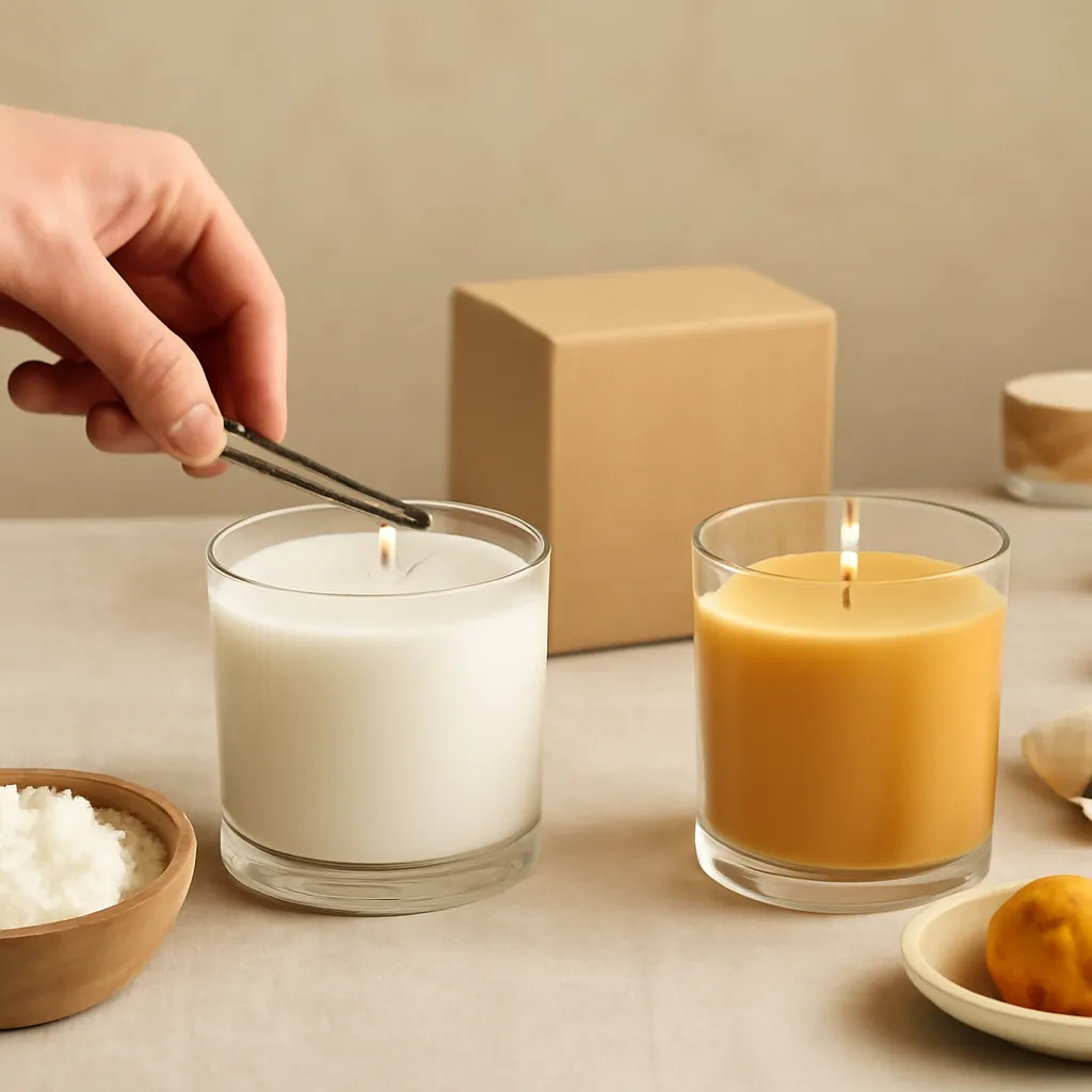Create a practical how-to scene demonstrating wax temperature and burn conditions. Include natural adult hands only if useful, performing one safe, believable action such as trimming a wick, placing a candle, comparing materials, arranging fragrance sources or wrapping a gift. Canvas size 2000 × 1500 px, photorealistic premium commercial photography, warm neutral material-study setup. Keep the composition clean and editorial, with one clear focal point and realistic scale. Candle vessels should be physically correct, with smooth glass and believable wax surfaces; any flame must be small and realistic and should appear only when context requires it. Use restrained props that directly support "Soy Wax vs Beeswax 2026: Burn Time, Scent Throw and Cost". Avoid excessive seasonal décor, duplicated ingredient arrangements, surreal fragrance smoke, AI artifacts, noisy textures, distorted hands, unreadable labels, typography, icons, logos and watermarks. Leave a small area of negative space for optional manual annotations. Crisp detail, natural shadows, realistic color balance and subtle depth of field.