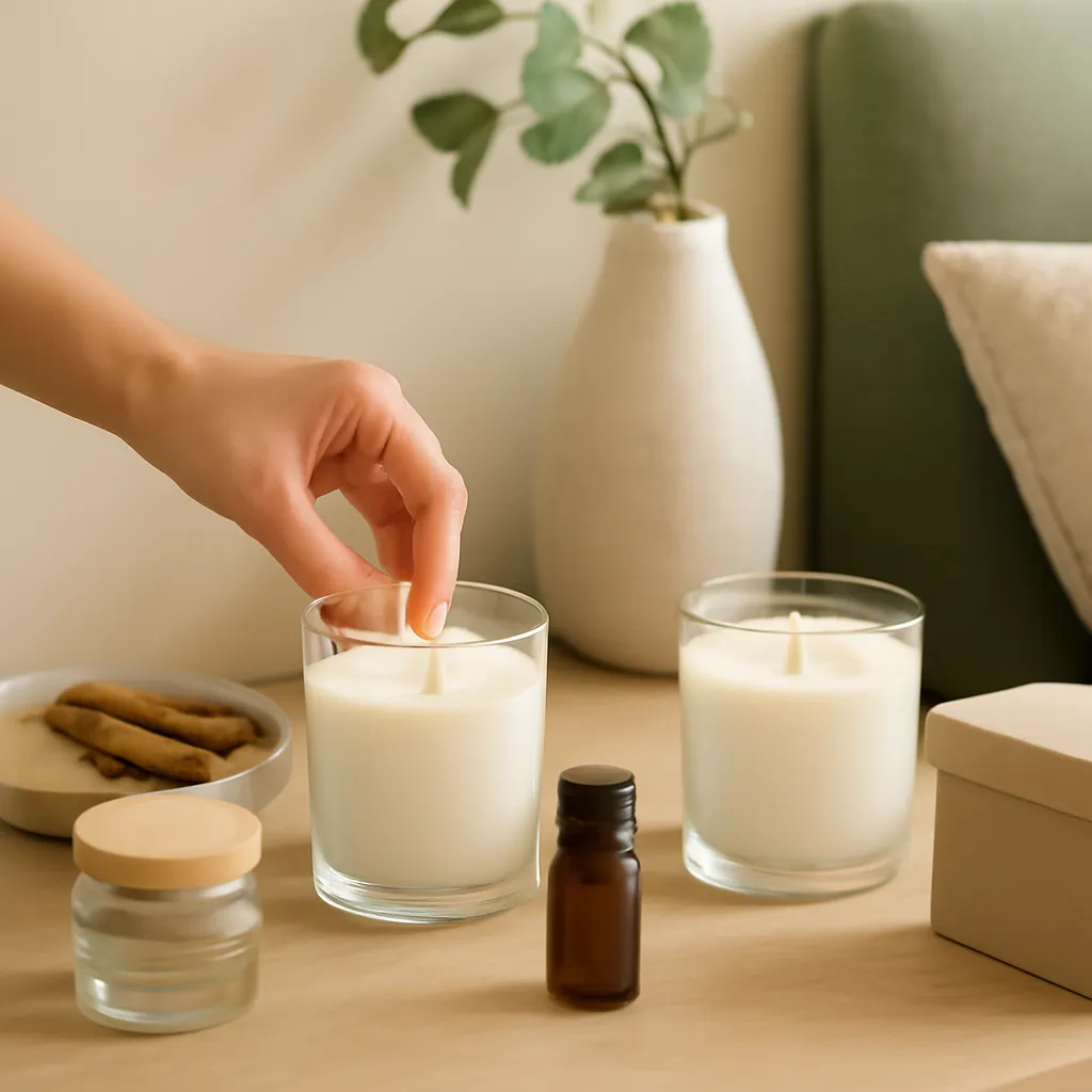 Create a practical how-to scene demonstrating room size and ventilation. Include natural adult hands only if useful, performing one safe, believable action such as trimming a wick, placing a candle, comparing materials, arranging fragrance sources or wrapping a gift. Canvas size 2000 × 1500 px, photorealistic premium commercial photography, cream, oak and muted green interior palette. Keep the composition clean and editorial, with one clear focal point and realistic scale. Candle vessels should be physically correct, with smooth glass and believable wax surfaces; any flame must be small and realistic and should appear only when context requires it. Use restrained props that directly support "How to Make Your Bedroom Smell Good All Day in 2026". Avoid excessive seasonal décor, duplicated ingredient arrangements, surreal fragrance smoke, AI artifacts, noisy textures, distorted hands, unreadable labels, typography, icons, logos and watermarks. Leave a small area of negative space for optional manual annotations. Crisp detail, natural shadows, realistic color balance and subtle depth of field.