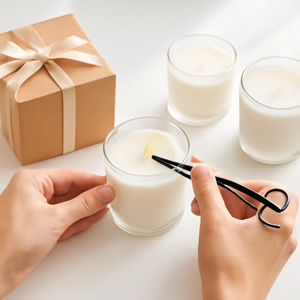 Create a practical how-to scene demonstrating vessel style and packaging. Include natural adult hands only if useful, performing one safe, believable action such as trimming a wick, placing a candle, comparing materials, arranging fragrance sources or wrapping a gift. Canvas size 2000 × 1500 px, photorealistic premium commercial photography, clean white gift studio with warm shadows. Keep the composition clean and editorial, with one clear focal point and realistic scale. Candle vessels should be physically correct, with smooth glass and believable wax surfaces; any flame must be small and realistic and should appear only when context requires it. Use restrained props that directly support "Best Candle Gifts for Women in 2026: Scent & Style Guide". Avoid excessive seasonal décor, duplicated ingredient arrangements, surreal fragrance smoke, AI artifacts, noisy textures, distorted hands, unreadable labels, typography, icons, logos and watermarks. Leave a small area of negative space for optional manual annotations. Crisp detail, natural shadows, realistic color balance and subtle depth of field.