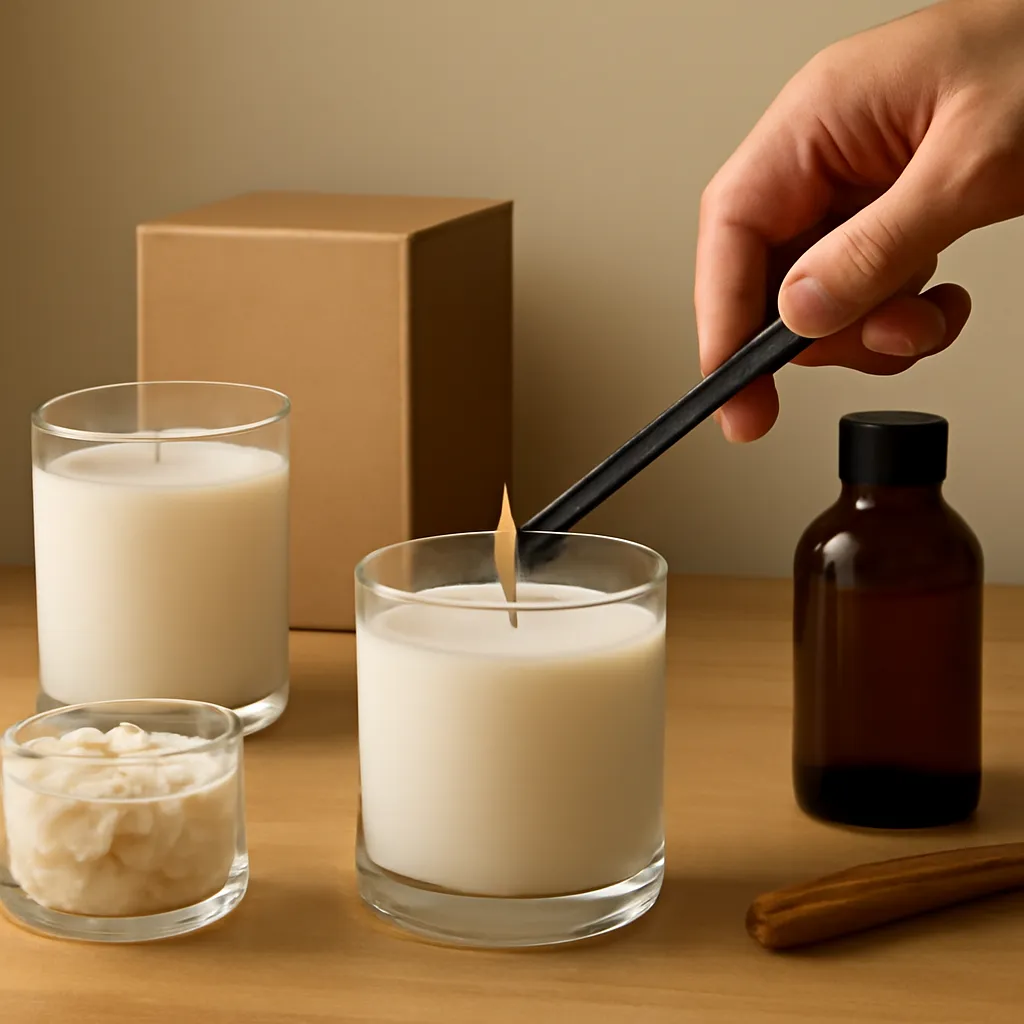 Create a practical how-to scene demonstrating wax temperature and burn conditions. Include natural adult hands only if useful, performing one safe, believable action such as trimming a wick, placing a candle, comparing materials, arranging fragrance sources or wrapping a gift. Canvas size 2000 × 1500 px, photorealistic premium commercial photography, warm beige and amber palette. Keep the composition clean and editorial, with one clear focal point and realistic scale. Candle vessels should be physically correct, with smooth glass and believable wax surfaces; any flame must be small and realistic and should appear only when context requires it. Use restrained props that directly support "Why Do Some Candle Scents Smell Stronger Than Others? 2026 Guide". Avoid excessive seasonal décor, duplicated ingredient arrangements, surreal fragrance smoke, AI artifacts, noisy textures, distorted hands, unreadable labels, typography, icons, logos and watermarks. Leave a small area of negative space for optional manual annotations. Crisp detail, natural shadows, realistic color balance and subtle depth of field.