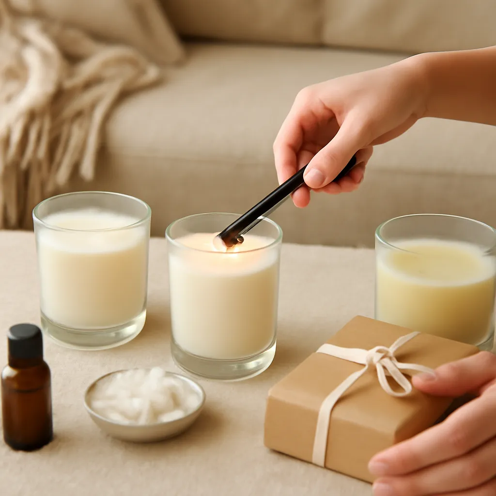 Create a practical how-to scene demonstrating safe ways to correct an existing tunnel. Include natural adult hands only if useful, performing one safe, believable action such as trimming a wick, placing a candle, comparing materials, arranging fragrance sources or wrapping a gift. Canvas size 2000 × 1500 px, photorealistic premium commercial photography, cozy reading-room setting with muted beige textiles. Keep the composition clean and editorial, with one clear focal point and realistic scale. Candle vessels should be physically correct, with smooth glass and believable wax surfaces; any flame must be small and realistic and should appear only when context requires it. Use restrained props that directly support "How to Fix Candle Tunneling and Restore an Even Wax Pool". Avoid excessive seasonal décor, duplicated ingredient arrangements, surreal fragrance smoke, AI artifacts, noisy textures, distorted hands, unreadable labels, typography, icons, logos and watermarks. Leave a small area of negative space for optional manual annotations. Crisp detail, natural shadows, realistic color balance and subtle depth of field.