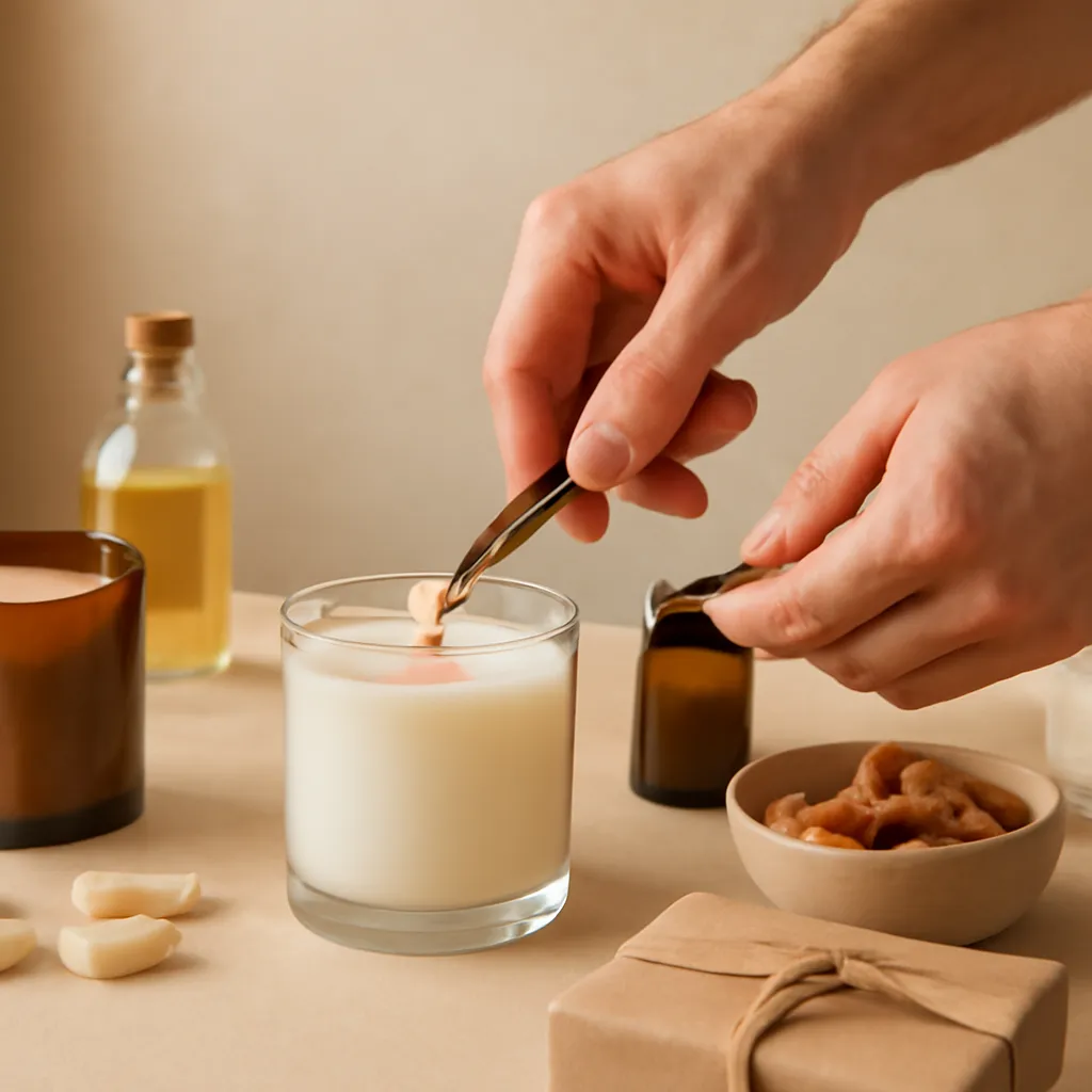 Create a practical how-to scene demonstrating wax temperature and burn conditions. Include natural adult hands only if useful, performing one safe, believable action such as trimming a wick, placing a candle, comparing materials, arranging fragrance sources or wrapping a gift. Canvas size 2000 × 1500 px, photorealistic premium commercial photography, warm beige and amber palette. Keep the composition clean and editorial, with one clear focal point and realistic scale. Candle vessels should be physically correct, with smooth glass and believable wax surfaces; any flame must be small and realistic and should appear only when context requires it. Use restrained props that directly support "Why Can't I Smell My Candle? 8 Reasons Scent Throw Feels Weak". Avoid excessive seasonal décor, duplicated ingredient arrangements, surreal fragrance smoke, AI artifacts, noisy textures, distorted hands, unreadable labels, typography, icons, logos and watermarks. Leave a small area of negative space for optional manual annotations. Crisp detail, natural shadows, realistic color balance and subtle depth of field.