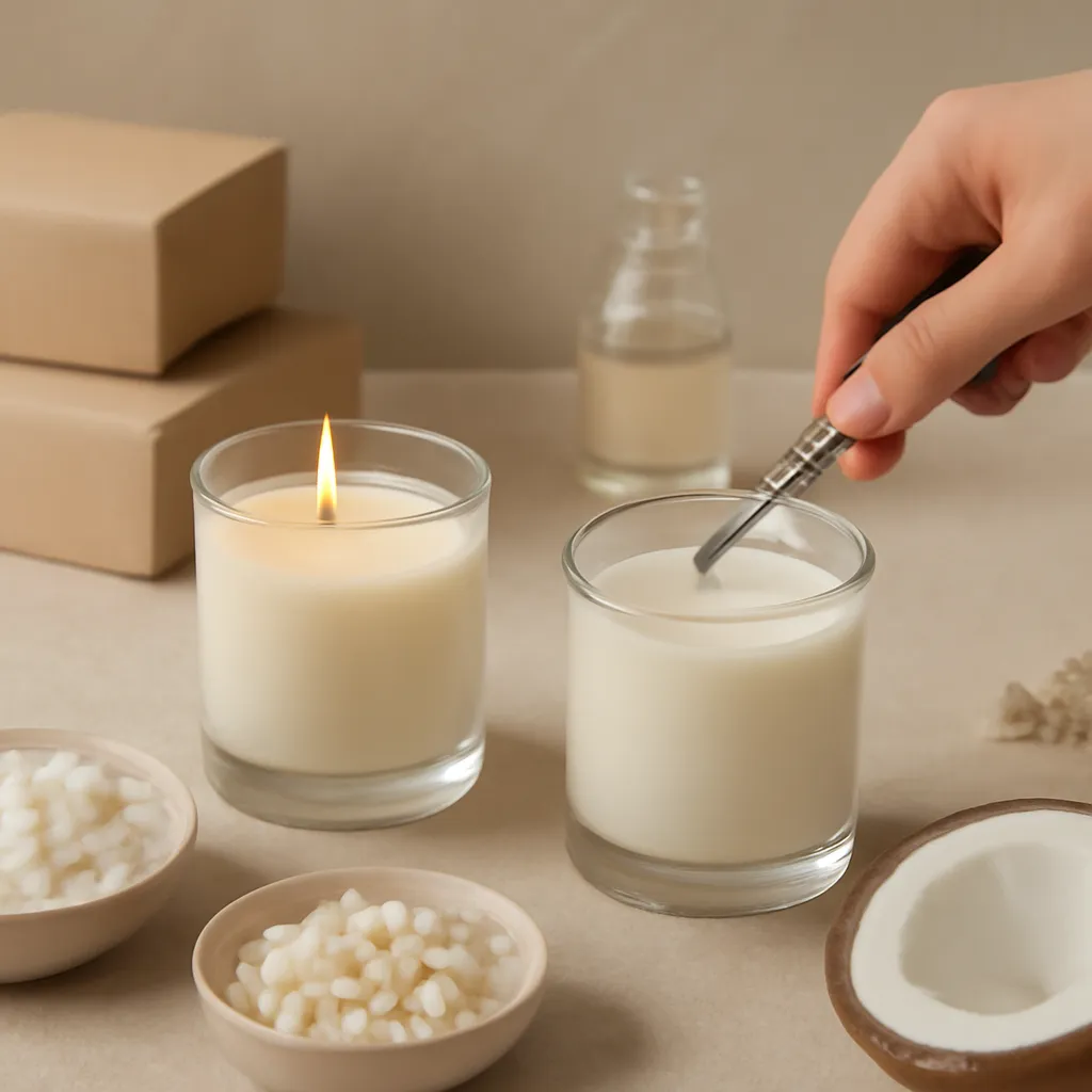 Create a practical how-to scene demonstrating appearance and blend use. Include natural adult hands only if useful, performing one safe, believable action such as trimming a wick, placing a candle, comparing materials, arranging fragrance sources or wrapping a gift. Canvas size 2000 × 1500 px, photorealistic premium commercial photography, warm neutral material-study setup. Keep the composition clean and editorial, with one clear focal point and realistic scale. Candle vessels should be physically correct, with smooth glass and believable wax surfaces; any flame must be small and realistic and should appear only when context requires it. Use restrained props that directly support "Coconut Wax vs Soy Wax: Which Candle Wax Performs Better?". Avoid excessive seasonal décor, duplicated ingredient arrangements, surreal fragrance smoke, AI artifacts, noisy textures, distorted hands, unreadable labels, typography, icons, logos and watermarks. Leave a small area of negative space for optional manual annotations. Crisp detail, natural shadows, realistic color balance and subtle depth of field.