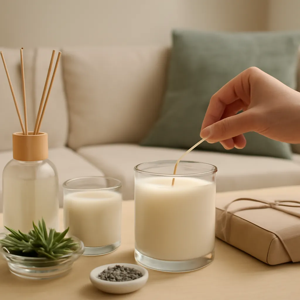 Create a practical how-to scene demonstrating placement and airflow. Include natural adult hands only if useful, performing one safe, believable action such as trimming a wick, placing a candle, comparing materials, arranging fragrance sources or wrapping a gift. Canvas size 2000 × 1500 px, photorealistic premium commercial photography, cream, oak and muted green interior palette. Keep the composition clean and editorial, with one clear focal point and realistic scale. Candle vessels should be physically correct, with smooth glass and believable wax surfaces; any flame must be small and realistic and should appear only when context requires it. Use restrained props that directly support "How to Make Your Living Room Smell Good Without Overdoing It". Avoid excessive seasonal décor, duplicated ingredient arrangements, surreal fragrance smoke, AI artifacts, noisy textures, distorted hands, unreadable labels, typography, icons, logos and watermarks. Leave a small area of negative space for optional manual annotations. Crisp detail, natural shadows, realistic color balance and subtle depth of field.