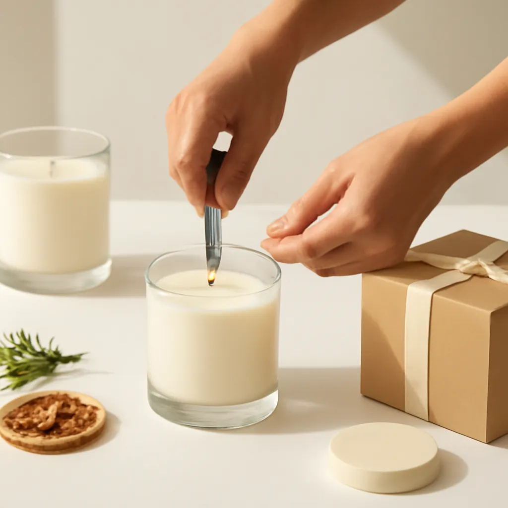 Create a practical how-to scene demonstrating vessel style and packaging. Include natural adult hands only if useful, performing one safe, believable action such as trimming a wick, placing a candle, comparing materials, arranging fragrance sources or wrapping a gift. Canvas size 2000 × 1500 px, photorealistic premium commercial photography, clean white gift studio with warm shadows. Keep the composition clean and editorial, with one clear focal point and realistic scale. Candle vessels should be physically correct, with smooth glass and believable wax surfaces; any flame must be small and realistic and should appear only when context requires it. Use restrained props that directly support "Housewarming Candle Gift Ideas for a Cozy New Home". Avoid excessive seasonal décor, duplicated ingredient arrangements, surreal fragrance smoke, AI artifacts, noisy textures, distorted hands, unreadable labels, typography, icons, logos and watermarks. Leave a small area of negative space for optional manual annotations. Crisp detail, natural shadows, realistic color balance and subtle depth of field.