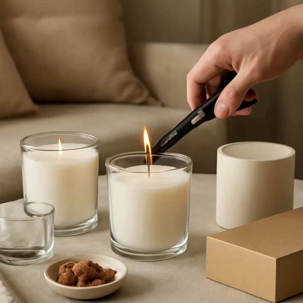 Create a practical how-to scene demonstrating how wick condition changes flame and soot. Include natural adult hands only if useful, performing one safe, believable action such as trimming a wick, placing a candle, comparing materials, arranging fragrance sources or wrapping a gift. Canvas size 2000 × 1500 px, photorealistic premium commercial photography, cozy reading-room setting with muted beige textiles. Keep the composition clean and editorial, with one clear focal point and realistic scale. Candle vessels should be physically correct, with smooth glass and believable wax surfaces; any flame must be small and realistic and should appear only when context requires it. Use restrained props that directly support "How to Trim a Candle Wick Correctly: 2026 Candle Care Guide". Avoid excessive seasonal décor, duplicated ingredient arrangements, surreal fragrance smoke, AI artifacts, noisy textures, distorted hands, unreadable labels, typography, icons, logos and watermarks. Leave a small area of negative space for optional manual annotations. Crisp detail, natural shadows, realistic color balance and subtle depth of field.