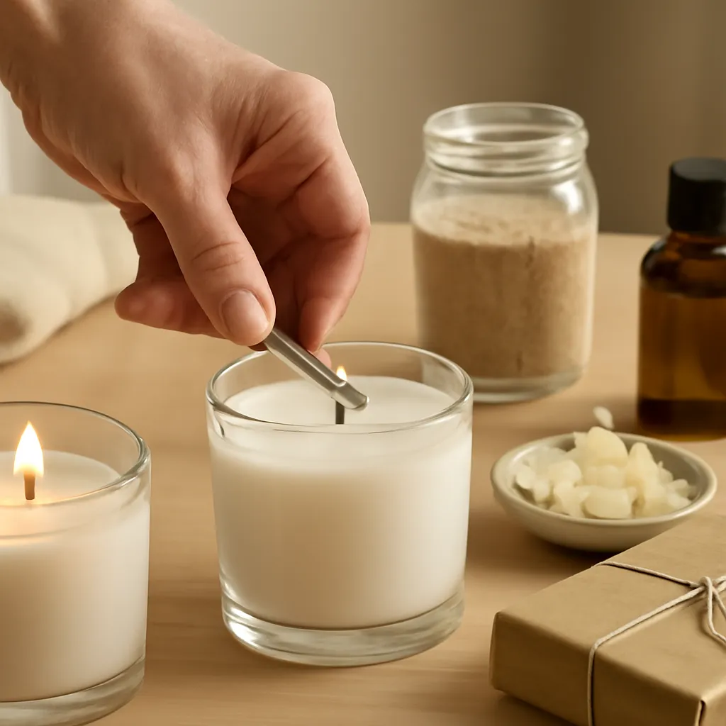 Create a practical how-to scene demonstrating wax temperature and burn conditions. Include natural adult hands only if useful, performing one safe, believable action such as trimming a wick, placing a candle, comparing materials, arranging fragrance sources or wrapping a gift. Canvas size 2000 × 1500 px, photorealistic premium commercial photography, warm beige and amber palette. Keep the composition clean and editorial, with one clear focal point and realistic scale. Candle vessels should be physically correct, with smooth glass and believable wax surfaces; any flame must be small and realistic and should appear only when context requires it. Use restrained props that directly support "How to Make Scented Candles Smell Stronger: 2026 Scent Tips". Avoid excessive seasonal décor, duplicated ingredient arrangements, surreal fragrance smoke, AI artifacts, noisy textures, distorted hands, unreadable labels, typography, icons, logos and watermarks. Leave a small area of negative space for optional manual annotations. Crisp detail, natural shadows, realistic color balance and subtle depth of field.