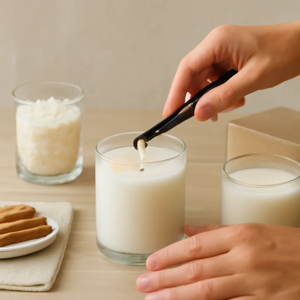 Create a practical how-to scene demonstrating scent retention and scent throw. Include natural adult hands only if useful, performing one safe, believable action such as trimming a wick, placing a candle, comparing materials, arranging fragrance sources or wrapping a gift. Canvas size 2000 × 1500 px, photorealistic premium commercial photography, warm neutral material-study setup. Keep the composition clean and editorial, with one clear focal point and realistic scale. Candle vessels should be physically correct, with smooth glass and believable wax surfaces; any flame must be small and realistic and should appear only when context requires it. Use restrained props that directly support "What Is Soy Wax? 2026 Guide for Scented Candle Buyers". Avoid excessive seasonal décor, duplicated ingredient arrangements, surreal fragrance smoke, AI artifacts, noisy textures, distorted hands, unreadable labels, typography, icons, logos and watermarks. Leave a small area of negative space for optional manual annotations. Crisp detail, natural shadows, realistic color balance and subtle depth of field.