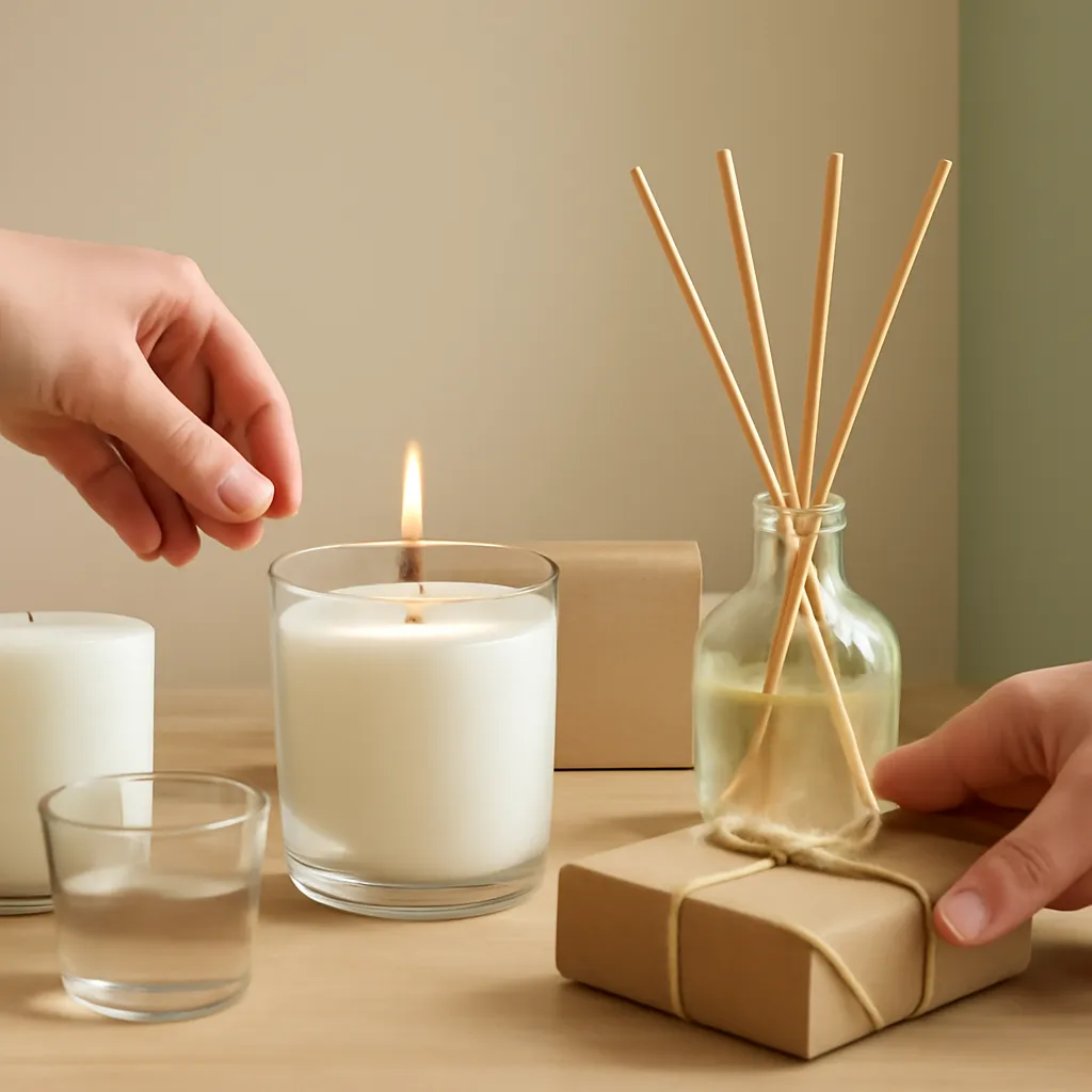 Create a practical how-to scene demonstrating fragrance zoning. Include natural adult hands only if useful, performing one safe, believable action such as trimming a wick, placing a candle, comparing materials, arranging fragrance sources or wrapping a gift. Canvas size 2000 × 1500 px, photorealistic premium commercial photography, cream, oak and muted green interior palette. Keep the composition clean and editorial, with one clear focal point and realistic scale. Candle vessels should be physically correct, with smooth glass and believable wax surfaces; any flame must be small and realistic and should appear only when context requires it. Use restrained props that directly support "How to Keep Your House Smelling Fresh in 2026". Avoid excessive seasonal décor, duplicated ingredient arrangements, surreal fragrance smoke, AI artifacts, noisy textures, distorted hands, unreadable labels, typography, icons, logos and watermarks. Leave a small area of negative space for optional manual annotations. Crisp detail, natural shadows, realistic color balance and subtle depth of field.