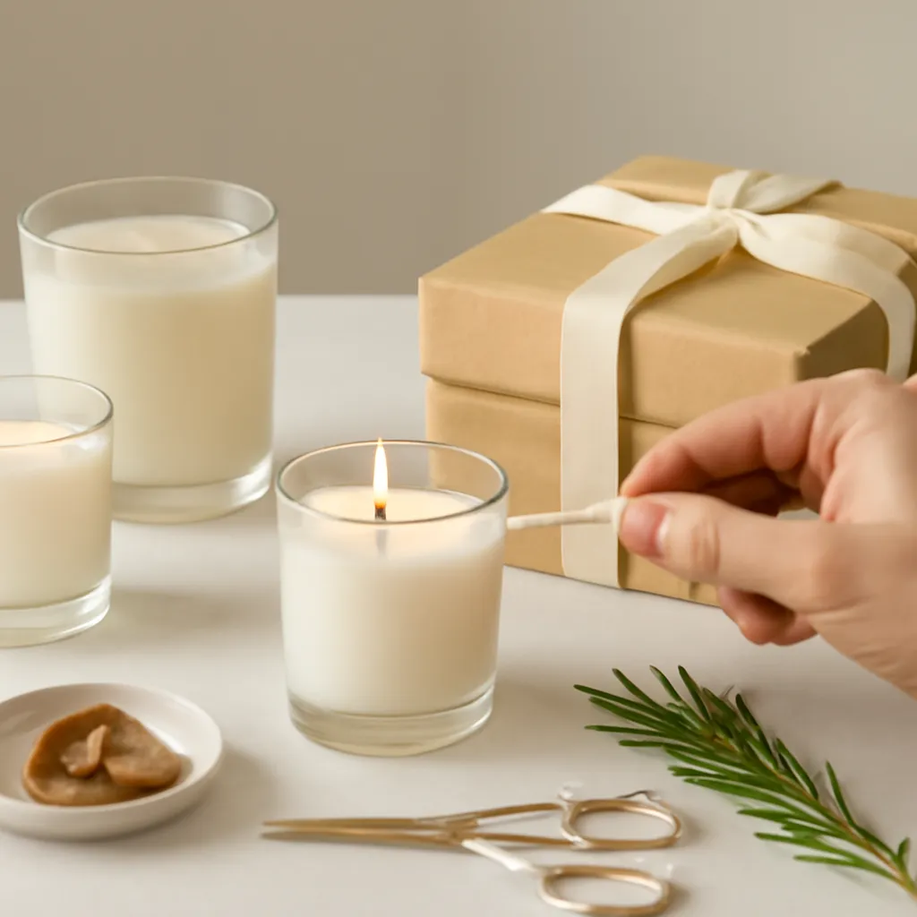 Create a practical how-to scene demonstrating vessel style and packaging. Include natural adult hands only if useful, performing one safe, believable action such as trimming a wick, placing a candle, comparing materials, arranging fragrance sources or wrapping a gift. Canvas size 2000 × 1500 px, photorealistic premium commercial photography, clean white gift studio with warm shadows. Keep the composition clean and editorial, with one clear focal point and realistic scale. Candle vessels should be physically correct, with smooth glass and believable wax surfaces; any flame must be small and realistic and should appear only when context requires it. Use restrained props that directly support "How to Choose a Candle Gift in 2026 Without Knowing Their Favorite Scent". Avoid excessive seasonal décor, duplicated ingredient arrangements, surreal fragrance smoke, AI artifacts, noisy textures, distorted hands, unreadable labels, typography, icons, logos and watermarks. Leave a small area of negative space for optional manual annotations. Crisp detail, natural shadows, realistic color balance and subtle depth of field.
