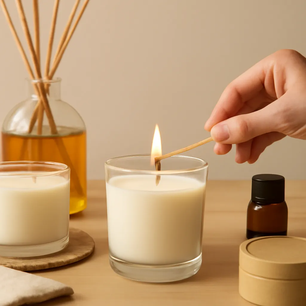 Create a practical how-to scene demonstrating room size and airflow. Include natural adult hands only if useful, performing one safe, believable action such as trimming a wick, placing a candle, comparing materials, arranging fragrance sources or wrapping a gift. Canvas size 2000 × 1500 px, photorealistic premium commercial photography, warm beige and amber palette. Keep the composition clean and editorial, with one clear focal point and realistic scale. Candle vessels should be physically correct, with smooth glass and believable wax surfaces; any flame must be small and realistic and should appear only when context requires it. Use restrained props that directly support "How to Choose a Candle Scent in 2026 for Any Room or Mood". Avoid excessive seasonal décor, duplicated ingredient arrangements, surreal fragrance smoke, AI artifacts, noisy textures, distorted hands, unreadable labels, typography, icons, logos and watermarks. Leave a small area of negative space for optional manual annotations. Crisp detail, natural shadows, realistic color balance and subtle depth of field.