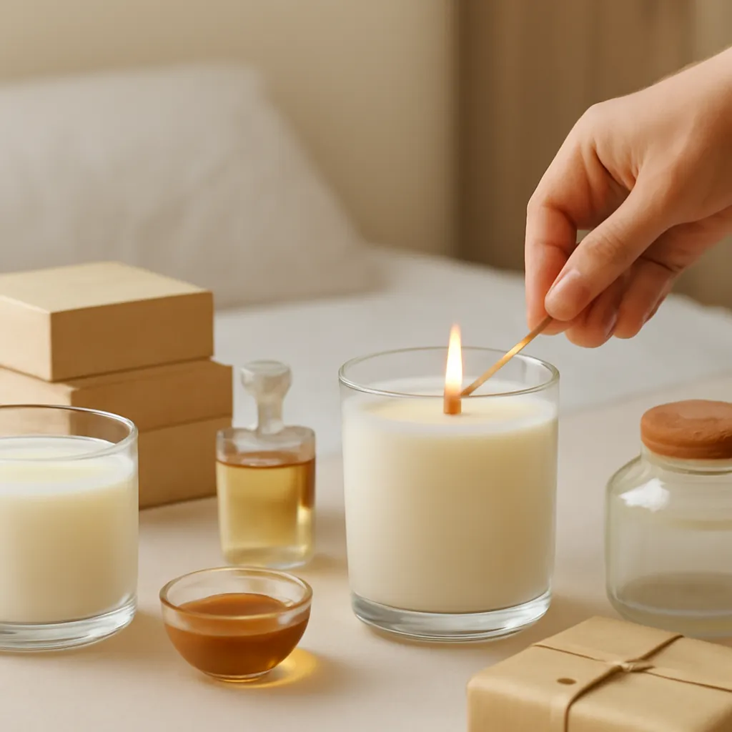 Create a practical how-to scene demonstrating room size and ventilation. Include natural adult hands only if useful, performing one safe, believable action such as trimming a wick, placing a candle, comparing materials, arranging fragrance sources or wrapping a gift. Canvas size 2000 × 1500 px, photorealistic premium commercial photography, warm beige and amber palette. Keep the composition clean and editorial, with one clear focal point and realistic scale. Candle vessels should be physically correct, with smooth glass and believable wax surfaces; any flame must be small and realistic and should appear only when context requires it. Use restrained props that directly support "Best Candle Scents for the Bedroom: How to Choose the Right Mood". Avoid excessive seasonal décor, duplicated ingredient arrangements, surreal fragrance smoke, AI artifacts, noisy textures, distorted hands, unreadable labels, typography, icons, logos and watermarks. Leave a small area of negative space for optional manual annotations. Crisp detail, natural shadows, realistic color balance and subtle depth of field.