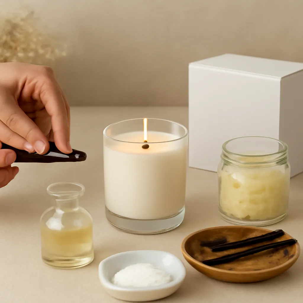 Create a practical how-to scene demonstrating how wick condition changes flame and soot. Include natural adult hands only if useful, performing one safe, believable action such as trimming a wick, placing a candle, comparing materials, arranging fragrance sources or wrapping a gift. Canvas size 2000 × 1500 px, photorealistic premium commercial photography, warm neutral material-study setup. Keep the composition clean and editorial, with one clear focal point and realistic scale. Candle vessels should be physically correct, with smooth glass and believable wax surfaces; any flame must be small and realistic and should appear only when context requires it. Use restrained props that directly support "What Are Scented Candles Made Of? Wax, Fragrance and Wick Explained". Avoid excessive seasonal décor, duplicated ingredient arrangements, surreal fragrance smoke, AI artifacts, noisy textures, distorted hands, unreadable labels, typography, icons, logos and watermarks. Leave a small area of negative space for optional manual annotations. Crisp detail, natural shadows, realistic color balance and subtle depth of field.