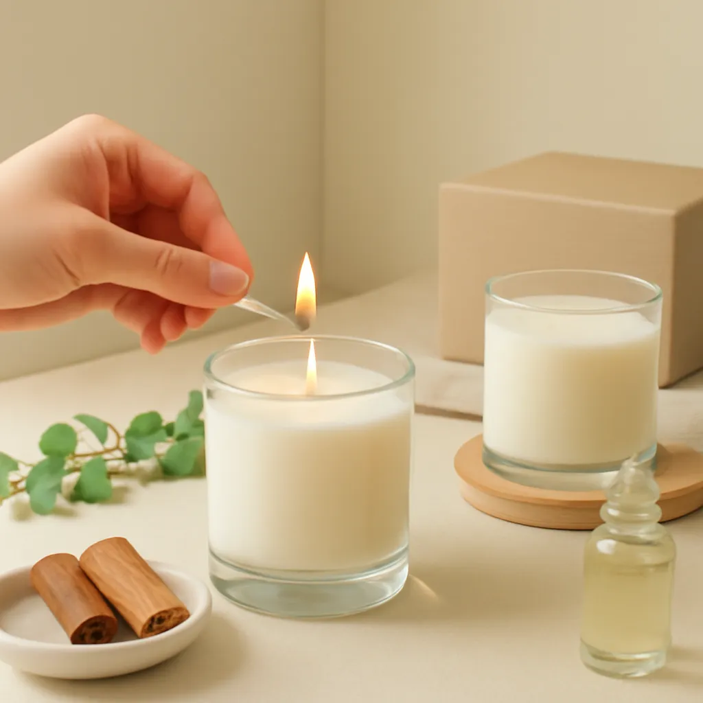 Create a practical how-to scene demonstrating fragrance placement. Include natural adult hands only if useful, performing one safe, believable action such as trimming a wick, placing a candle, comparing materials, arranging fragrance sources or wrapping a gift. Canvas size 2000 × 1500 px, photorealistic premium commercial photography, cream, oak and muted green interior palette. Keep the composition clean and editorial, with one clear focal point and realistic scale. Candle vessels should be physically correct, with smooth glass and believable wax surfaces; any flame must be small and realistic and should appear only when context requires it. Use restrained props that directly support "How to Choose a Home Fragrance for Each Room". Avoid excessive seasonal décor, duplicated ingredient arrangements, surreal fragrance smoke, AI artifacts, noisy textures, distorted hands, unreadable labels, typography, icons, logos and watermarks. Leave a small area of negative space for optional manual annotations. Crisp detail, natural shadows, realistic color balance and subtle depth of field.