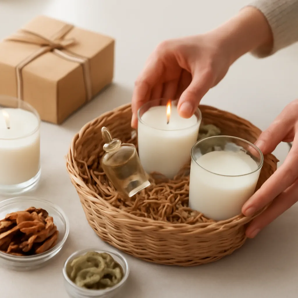 Create a practical how-to scene demonstrating vessel style and packaging. Include natural adult hands only if useful, performing one safe, believable action such as trimming a wick, placing a candle, comparing materials, arranging fragrance sources or wrapping a gift. Canvas size 2000 × 1500 px, photorealistic premium commercial photography, clean white gift studio with warm shadows. Keep the composition clean and editorial, with one clear focal point and realistic scale. Candle vessels should be physically correct, with smooth glass and believable wax surfaces; any flame must be small and realistic and should appear only when context requires it. Use restrained props that directly support "Candle Gift Basket Ideas: What to Add for a Thoughtful Gift". Avoid excessive seasonal décor, duplicated ingredient arrangements, surreal fragrance smoke, AI artifacts, noisy textures, distorted hands, unreadable labels, typography, icons, logos and watermarks. Leave a small area of negative space for optional manual annotations. Crisp detail, natural shadows, realistic color balance and subtle depth of field.