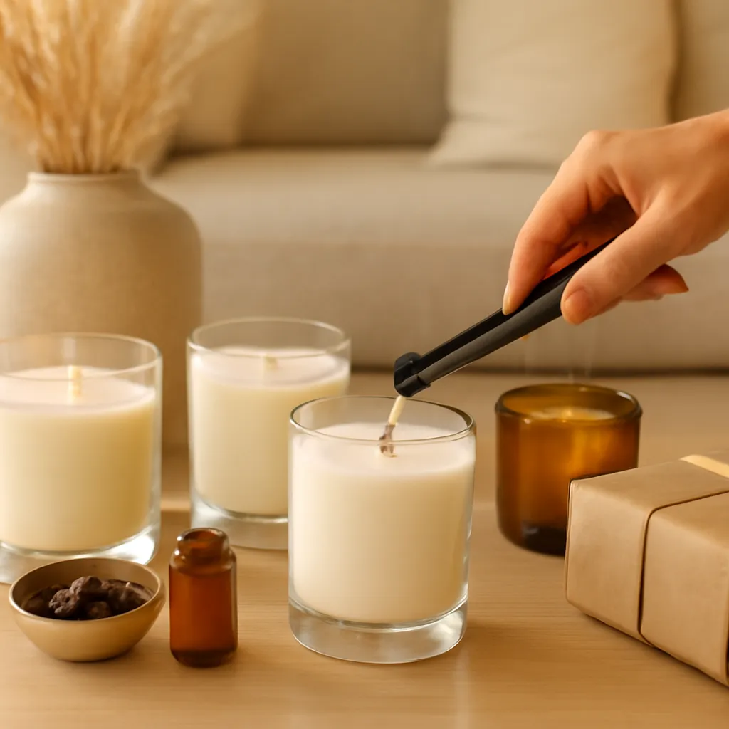 Create a practical how-to scene demonstrating placement and airflow. Include natural adult hands only if useful, performing one safe, believable action such as trimming a wick, placing a candle, comparing materials, arranging fragrance sources or wrapping a gift. Canvas size 2000 × 1500 px, photorealistic premium commercial photography, warm beige and amber palette. Keep the composition clean and editorial, with one clear focal point and realistic scale. Candle vessels should be physically correct, with smooth glass and believable wax surfaces; any flame must be small and realistic and should appear only when context requires it. Use restrained props that directly support "Best Candle Scents for the Living Room in 2026". Avoid excessive seasonal décor, duplicated ingredient arrangements, surreal fragrance smoke, AI artifacts, noisy textures, distorted hands, unreadable labels, typography, icons, logos and watermarks. Leave a small area of negative space for optional manual annotations. Crisp detail, natural shadows, realistic color balance and subtle depth of field.
