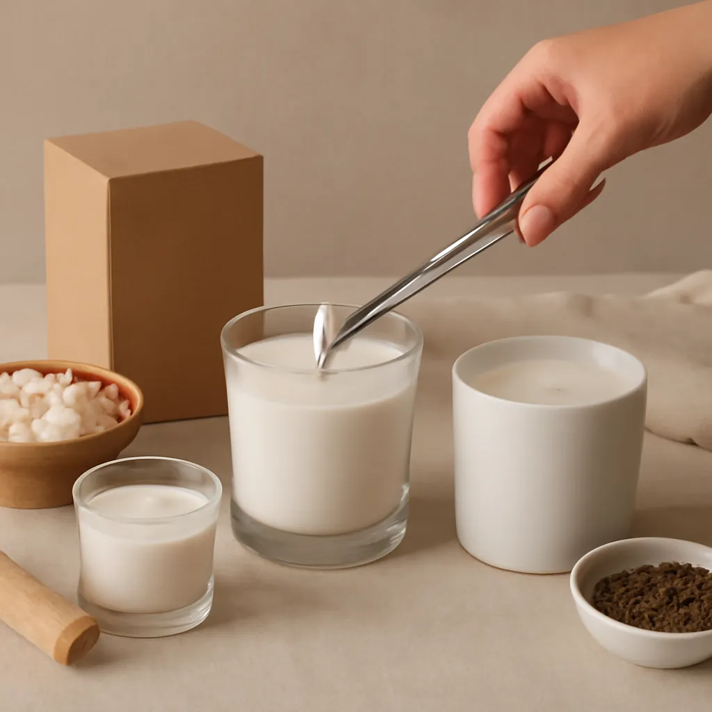Create a practical how-to scene demonstrating session length. Include natural adult hands only if useful, performing one safe, believable action such as trimming a wick, placing a candle, comparing materials, arranging fragrance sources or wrapping a gift. Canvas size 2000 × 1500 px, photorealistic premium commercial photography, warm neutral material-study setup. Keep the composition clean and editorial, with one clear focal point and realistic scale. Candle vessels should be physically correct, with smooth glass and believable wax surfaces; any flame must be small and realistic and should appear only when context requires it. Use restrained props that directly support "Which Candle Wax Burns the Longest? 2026 Comparison". Avoid excessive seasonal décor, duplicated ingredient arrangements, surreal fragrance smoke, AI artifacts, noisy textures, distorted hands, unreadable labels, typography, icons, logos and watermarks. Leave a small area of negative space for optional manual annotations. Crisp detail, natural shadows, realistic color balance and subtle depth of field.
