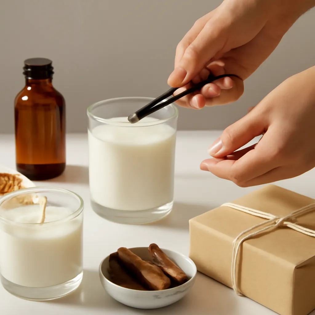 Create a practical how-to scene demonstrating vessel style and packaging. Include natural adult hands only if useful, performing one safe, believable action such as trimming a wick, placing a candle, comparing materials, arranging fragrance sources or wrapping a gift. Canvas size 2000 × 1500 px, photorealistic premium commercial photography, clean white gift studio with warm shadows. Keep the composition clean and editorial, with one clear focal point and realistic scale. Candle vessels should be physically correct, with smooth glass and believable wax surfaces; any flame must be small and realistic and should appear only when context requires it. Use restrained props that directly support "Best Scented Candle Gifts for Birthdays in 2026". Avoid excessive seasonal décor, duplicated ingredient arrangements, surreal fragrance smoke, AI artifacts, noisy textures, distorted hands, unreadable labels, typography, icons, logos and watermarks. Leave a small area of negative space for optional manual annotations. Crisp detail, natural shadows, realistic color balance and subtle depth of field.
