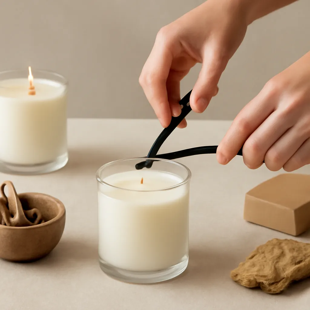 Create a practical how-to scene demonstrating scent retention and scent throw. Include natural adult hands only if useful, performing one safe, believable action such as trimming a wick, placing a candle, comparing materials, arranging fragrance sources or wrapping a gift. Canvas size 2000 × 1500 px, photorealistic premium commercial photography, warm neutral material-study setup. Keep the composition clean and editorial, with one clear focal point and realistic scale. Candle vessels should be physically correct, with smooth glass and believable wax surfaces; any flame must be small and realistic and should appear only when context requires it. Use restrained props that directly support "Why Does Candle Wax Melt Unevenly? Common Causes and Fixes". Avoid excessive seasonal décor, duplicated ingredient arrangements, surreal fragrance smoke, AI artifacts, noisy textures, distorted hands, unreadable labels, typography, icons, logos and watermarks. Leave a small area of negative space for optional manual annotations. Crisp detail, natural shadows, realistic color balance and subtle depth of field.