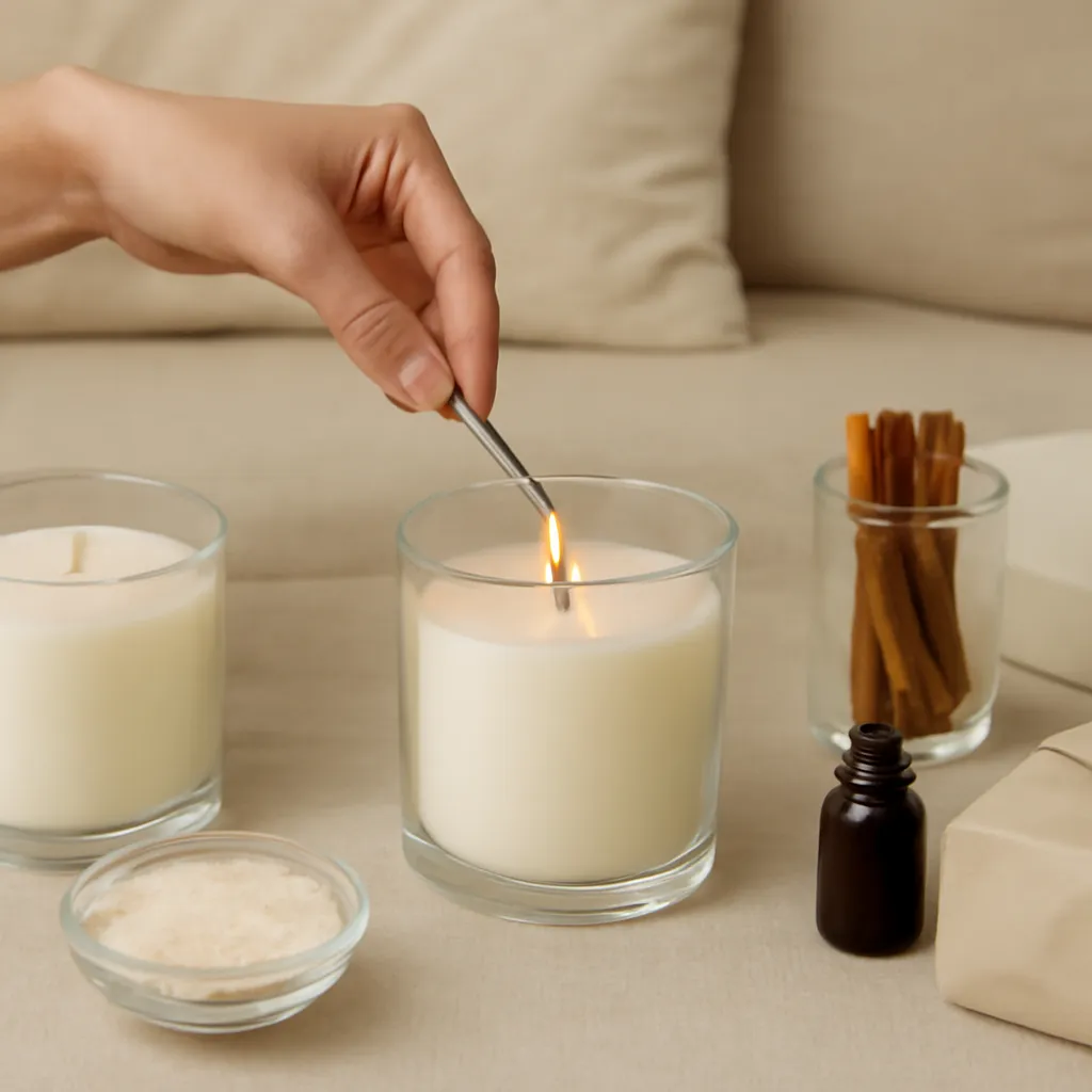 Create a practical how-to scene demonstrating how wick condition changes flame and soot. Include natural adult hands only if useful, performing one safe, believable action such as trimming a wick, placing a candle, comparing materials, arranging fragrance sources or wrapping a gift. Canvas size 2000 × 1500 px, photorealistic premium commercial photography, cozy reading-room setting with muted beige textiles. Keep the composition clean and editorial, with one clear focal point and realistic scale. Candle vessels should be physically correct, with smooth glass and believable wax surfaces; any flame must be small and realistic and should appear only when context requires it. Use restrained props that directly support "Why Does My Candle Wick Mushroom? How to Fix It Safely". Avoid excessive seasonal décor, duplicated ingredient arrangements, surreal fragrance smoke, AI artifacts, noisy textures, distorted hands, unreadable labels, typography, icons, logos and watermarks. Leave a small area of negative space for optional manual annotations. Crisp detail, natural shadows, realistic color balance and subtle depth of field.