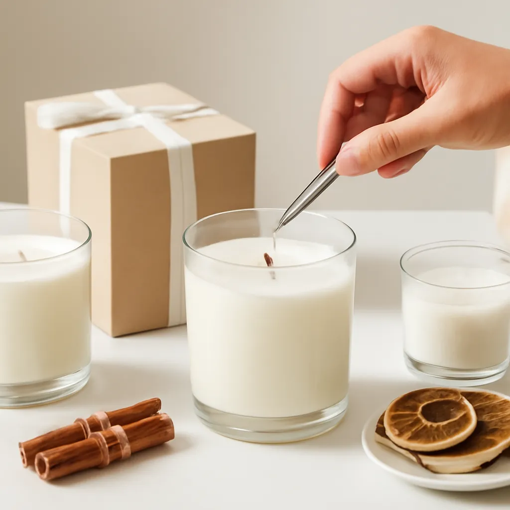 Create a practical how-to scene demonstrating vessel style and packaging. Include natural adult hands only if useful, performing one safe, believable action such as trimming a wick, placing a candle, comparing materials, arranging fragrance sources or wrapping a gift. Canvas size 2000 × 1500 px, photorealistic premium commercial photography, clean white gift studio with warm shadows. Keep the composition clean and editorial, with one clear focal point and realistic scale. Candle vessels should be physically correct, with smooth glass and believable wax surfaces; any flame must be small and realistic and should appear only when context requires it. Use restrained props that directly support "Hostess Candle Gift Ideas for Dinner Parties and Gatherings". Avoid excessive seasonal décor, duplicated ingredient arrangements, surreal fragrance smoke, AI artifacts, noisy textures, distorted hands, unreadable labels, typography, icons, logos and watermarks. Leave a small area of negative space for optional manual annotations. Crisp detail, natural shadows, realistic color balance and subtle depth of field.