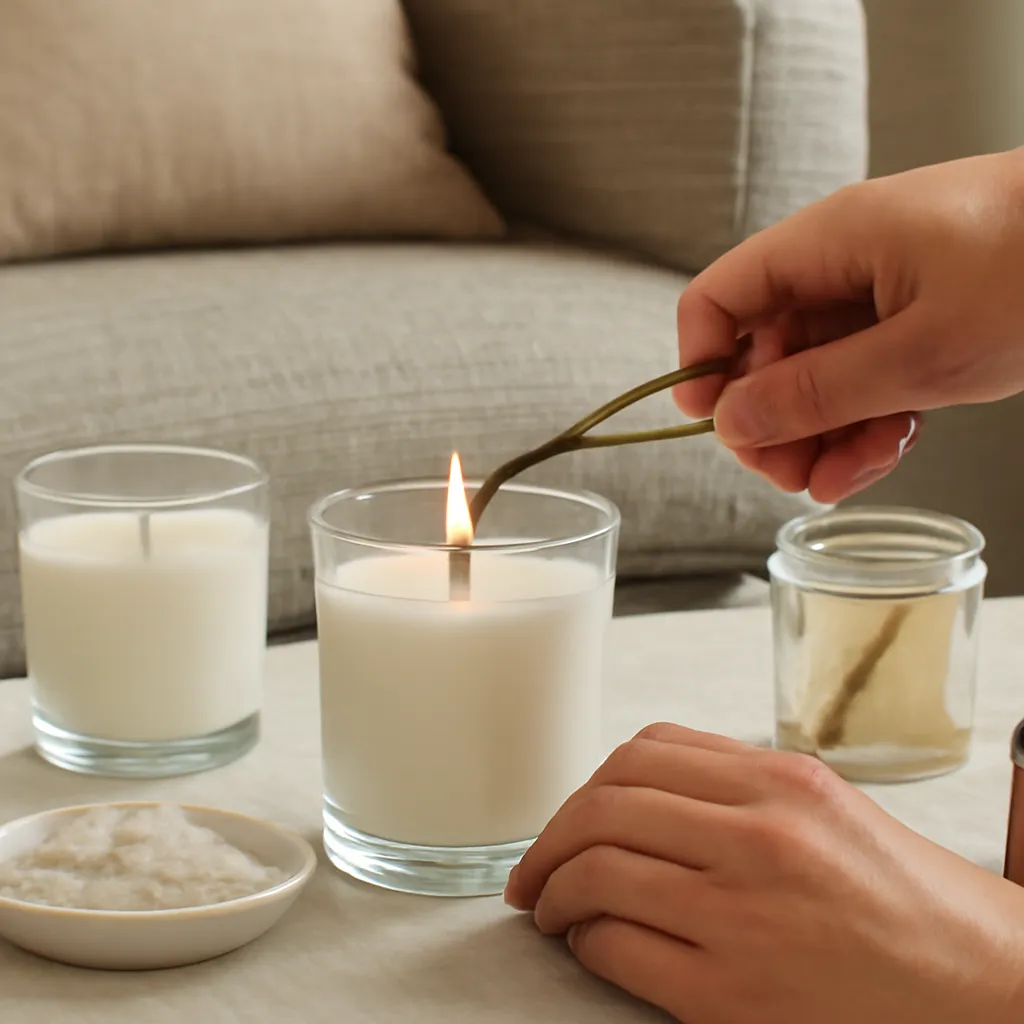 Create a practical how-to scene demonstrating effects of drafts and wick condition. Include natural adult hands only if useful, performing one safe, believable action such as trimming a wick, placing a candle, comparing materials, arranging fragrance sources or wrapping a gift. Canvas size 2000 × 1500 px, photorealistic premium commercial photography, cozy reading-room setting with muted beige textiles. Keep the composition clean and editorial, with one clear focal point and realistic scale. Candle vessels should be physically correct, with smooth glass and believable wax surfaces; any flame must be small and realistic and should appear only when context requires it. Use restrained props that directly support "How to Make a Candle Burn Evenly: 2026 Step-by-Step Guide". Avoid excessive seasonal décor, duplicated ingredient arrangements, surreal fragrance smoke, AI artifacts, noisy textures, distorted hands, unreadable labels, typography, icons, logos and watermarks. Leave a small area of negative space for optional manual annotations. Crisp detail, natural shadows, realistic color balance and subtle depth of field.