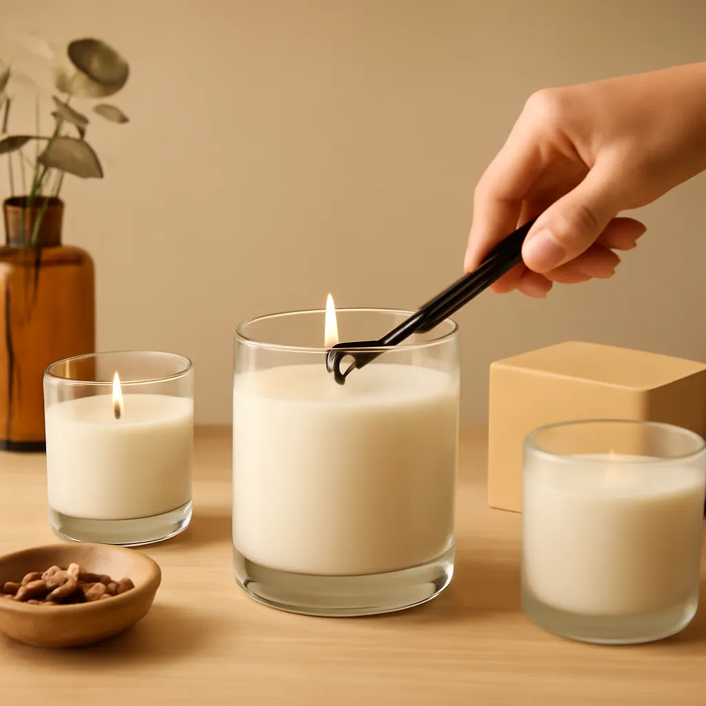 Create a practical how-to scene demonstrating room size and airflow. Include natural adult hands only if useful, performing one safe, believable action such as trimming a wick, placing a candle, comparing materials, arranging fragrance sources or wrapping a gift. Canvas size 2000 × 1500 px, photorealistic premium commercial photography, warm beige and amber palette. Keep the composition clean and editorial, with one clear focal point and realistic scale. Candle vessels should be physically correct, with smooth glass and believable wax surfaces; any flame must be small and realistic and should appear only when context requires it. Use restrained props that directly support "How Many Scented Candles Do You Need for a Room in 2026?". Avoid excessive seasonal décor, duplicated ingredient arrangements, surreal fragrance smoke, AI artifacts, noisy textures, distorted hands, unreadable labels, typography, icons, logos and watermarks. Leave a small area of negative space for optional manual annotations. Crisp detail, natural shadows, realistic color balance and subtle depth of field.