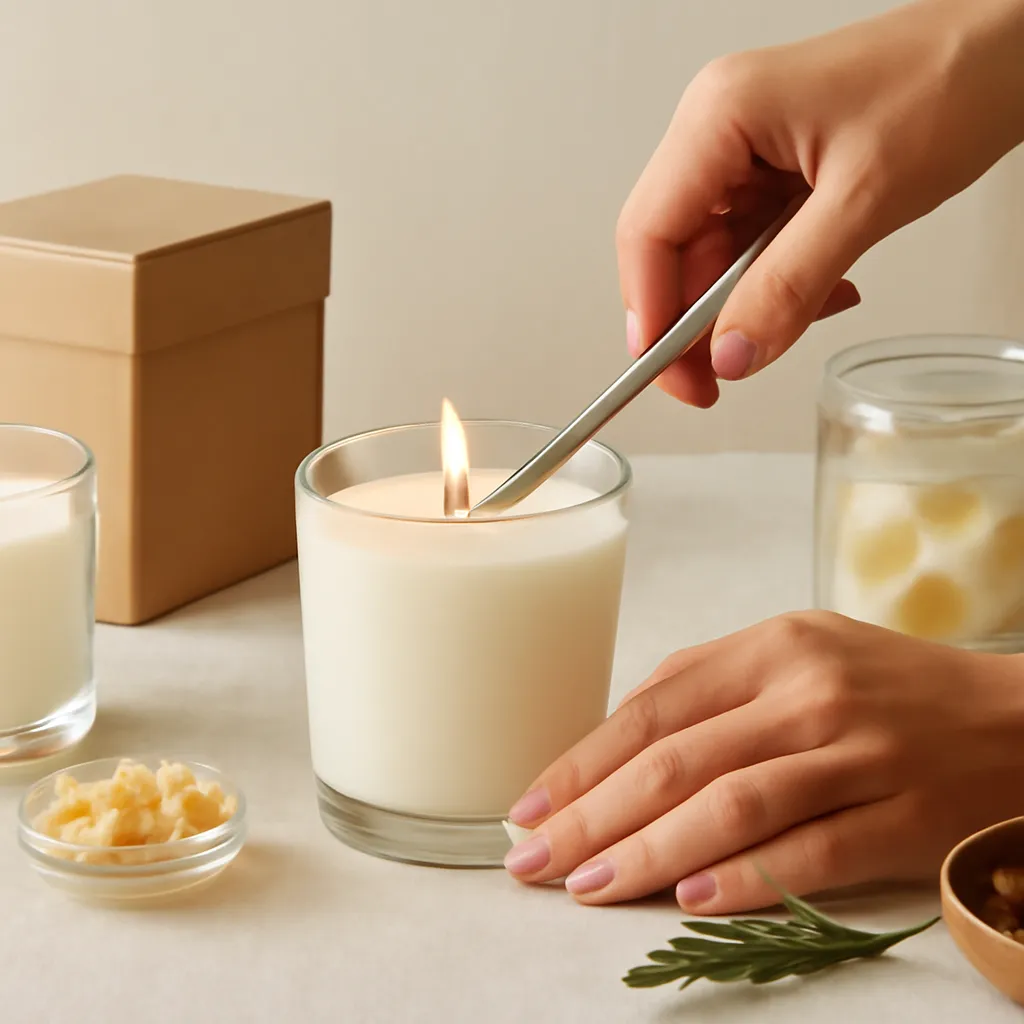 Create a practical how-to scene demonstrating scent retention and scent throw. Include natural adult hands only if useful, performing one safe, believable action such as trimming a wick, placing a candle, comparing materials, arranging fragrance sources or wrapping a gift. Canvas size 2000 × 1500 px, photorealistic premium commercial photography, warm neutral material-study setup. Keep the composition clean and editorial, with one clear focal point and realistic scale. Candle vessels should be physically correct, with smooth glass and believable wax surfaces; any flame must be small and realistic and should appear only when context requires it. Use restrained props that directly support "Natural Candle Wax in 2026: What the Label Really Means". Avoid excessive seasonal décor, duplicated ingredient arrangements, surreal fragrance smoke, AI artifacts, noisy textures, distorted hands, unreadable labels, typography, icons, logos and watermarks. Leave a small area of negative space for optional manual annotations. Crisp detail, natural shadows, realistic color balance and subtle depth of field.