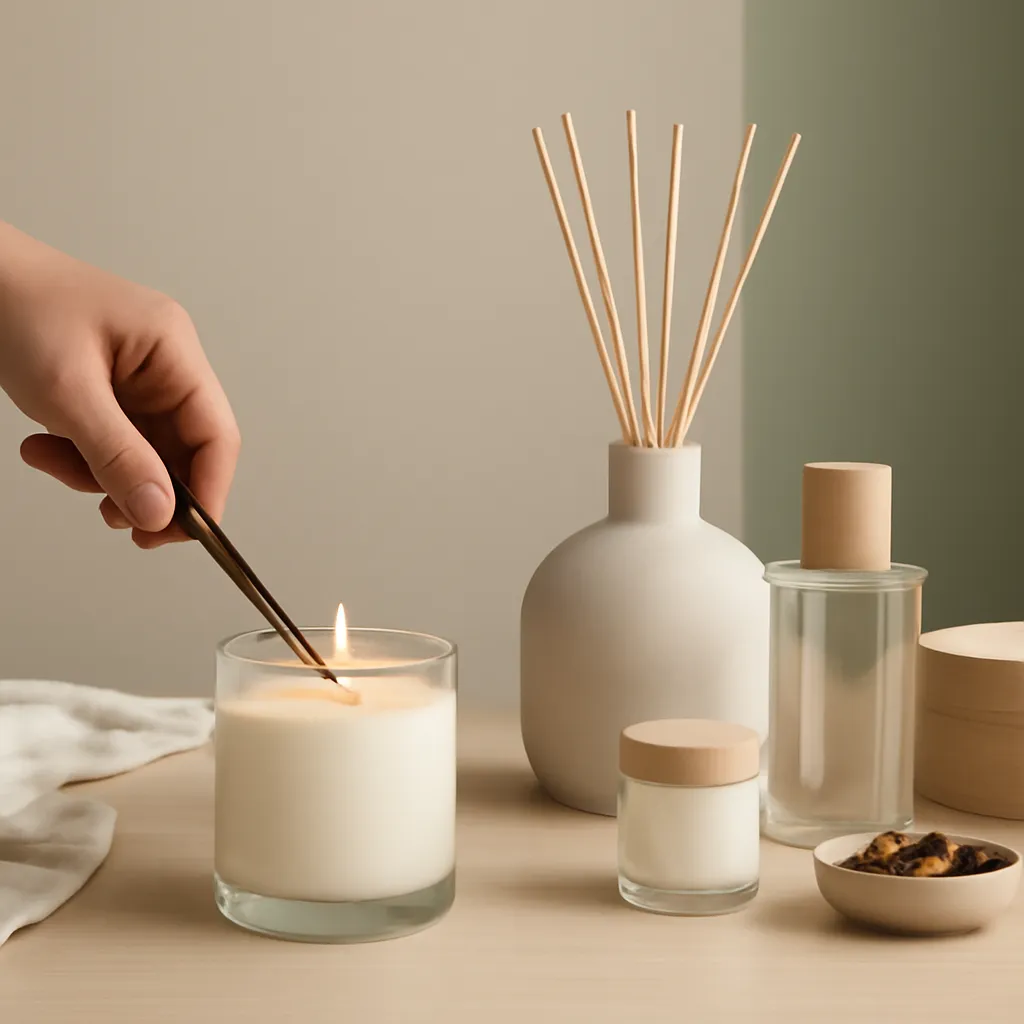 Create a practical how-to scene demonstrating single-candle versus multi-source scenting. Include natural adult hands only if useful, performing one safe, believable action such as trimming a wick, placing a candle, comparing materials, arranging fragrance sources or wrapping a gift. Canvas size 2000 × 1500 px, photorealistic premium commercial photography, cream, oak and muted green interior palette. Keep the composition clean and editorial, with one clear focal point and realistic scale. Candle vessels should be physically correct, with smooth glass and believable wax surfaces; any flame must be small and realistic and should appear only when context requires it. Use restrained props that directly support "How to Scent an Open Floor Plan in 2026". Avoid excessive seasonal décor, duplicated ingredient arrangements, surreal fragrance smoke, AI artifacts, noisy textures, distorted hands, unreadable labels, typography, icons, logos and watermarks. Leave a small area of negative space for optional manual annotations. Crisp detail, natural shadows, realistic color balance and subtle depth of field.