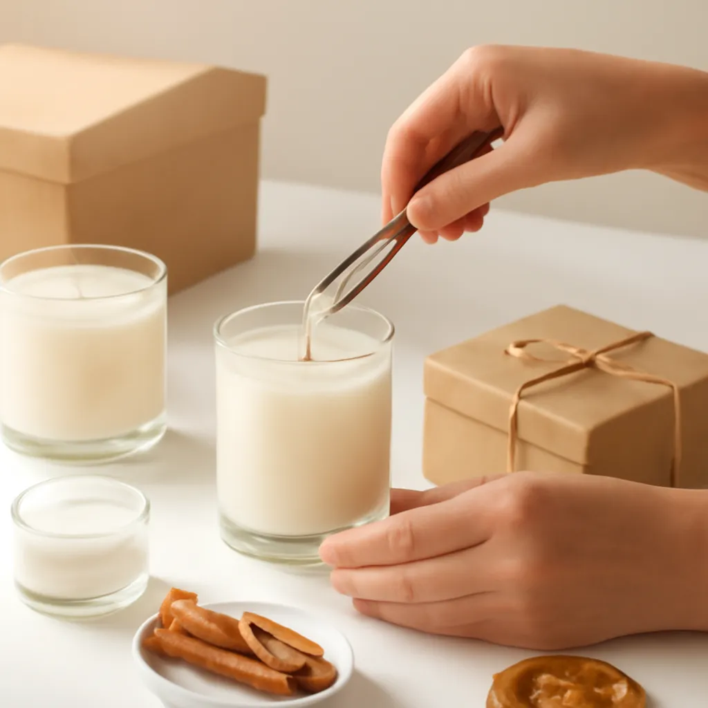 Create a practical how-to scene demonstrating vessel style and packaging. Include natural adult hands only if useful, performing one safe, believable action such as trimming a wick, placing a candle, comparing materials, arranging fragrance sources or wrapping a gift. Canvas size 2000 × 1500 px, photorealistic premium commercial photography, clean white gift studio with warm shadows. Keep the composition clean and editorial, with one clear focal point and realistic scale. Candle vessels should be physically correct, with smooth glass and believable wax surfaces; any flame must be small and realistic and should appear only when context requires it. Use restrained props that directly support "Fall Candle Gift Ideas 2026 for a Cozy Season". Avoid excessive seasonal décor, duplicated ingredient arrangements, surreal fragrance smoke, AI artifacts, noisy textures, distorted hands, unreadable labels, typography, icons, logos and watermarks. Leave a small area of negative space for optional manual annotations. Crisp detail, natural shadows, realistic color balance and subtle depth of field.