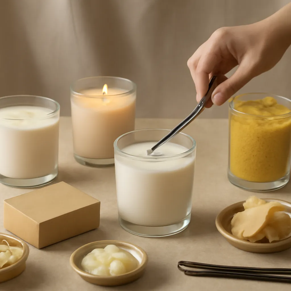 Create a practical how-to scene demonstrating scent performance. Include natural adult hands only if useful, performing one safe, believable action such as trimming a wick, placing a candle, comparing materials, arranging fragrance sources or wrapping a gift. Canvas size 2000 × 1500 px, photorealistic premium commercial photography, warm neutral material-study setup. Keep the composition clean and editorial, with one clear focal point and realistic scale. Candle vessels should be physically correct, with smooth glass and believable wax surfaces; any flame must be small and realistic and should appear only when context requires it. Use restrained props that directly support "Candle Wax Types 2026: Soy, Paraffin, Beeswax and More". Avoid excessive seasonal décor, duplicated ingredient arrangements, surreal fragrance smoke, AI artifacts, noisy textures, distorted hands, unreadable labels, typography, icons, logos and watermarks. Leave a small area of negative space for optional manual annotations. Crisp detail, natural shadows, realistic color balance and subtle depth of field.