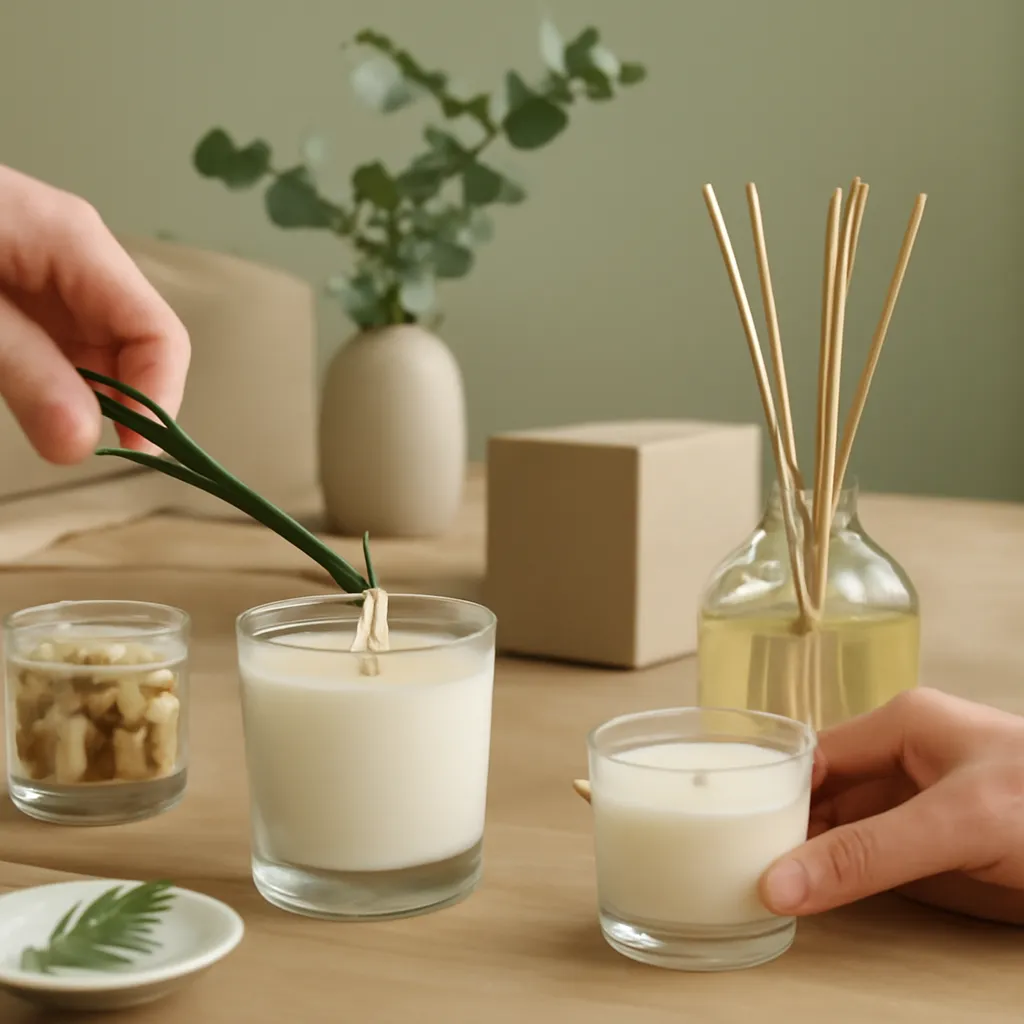 Create a practical how-to scene demonstrating fragrance zoning. Include natural adult hands only if useful, performing one safe, believable action such as trimming a wick, placing a candle, comparing materials, arranging fragrance sources or wrapping a gift. Canvas size 2000 × 1500 px, photorealistic premium commercial photography, cream, oak and muted green interior palette. Keep the composition clean and editorial, with one clear focal point and realistic scale. Candle vessels should be physically correct, with smooth glass and believable wax surfaces; any flame must be small and realistic and should appear only when context requires it. Use restrained props that directly support "Home Fragrance Trends 2026: What Makes a Home Smell Cozy?". Avoid excessive seasonal décor, duplicated ingredient arrangements, surreal fragrance smoke, AI artifacts, noisy textures, distorted hands, unreadable labels, typography, icons, logos and watermarks. Leave a small area of negative space for optional manual annotations. Crisp detail, natural shadows, realistic color balance and subtle depth of field.