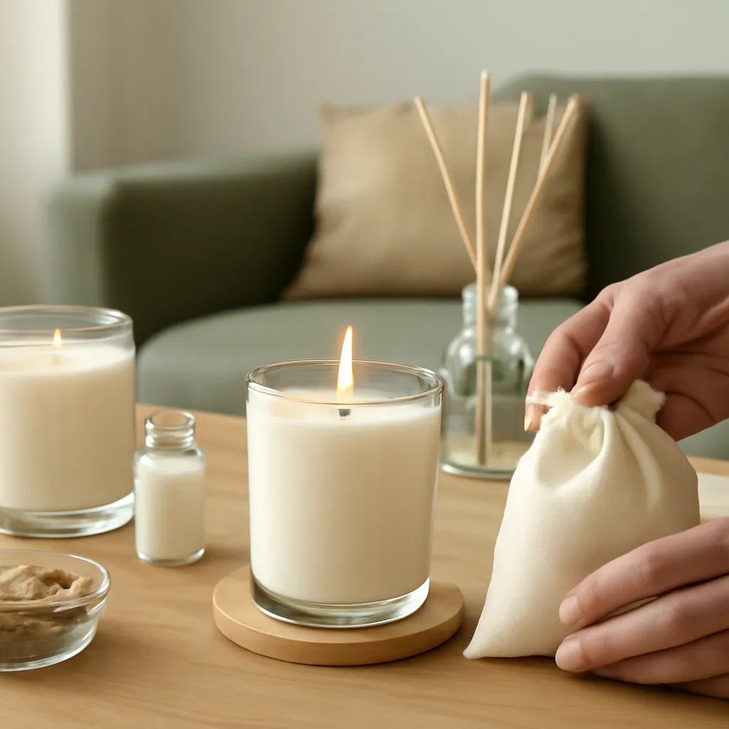 Create a practical how-to scene demonstrating fragrance zoning. Include natural adult hands only if useful, performing one safe, believable action such as trimming a wick, placing a candle, comparing materials, arranging fragrance sources or wrapping a gift. Canvas size 2000 × 1500 px, photorealistic premium commercial photography, cream, oak and muted green interior palette. Keep the composition clean and editorial, with one clear focal point and realistic scale. Candle vessels should be physically correct, with smooth glass and believable wax surfaces; any flame must be small and realistic and should appear only when context requires it. Use restrained props that directly support "Home Fragrance 2026: How to Make Your House Smell Good". Avoid excessive seasonal décor, duplicated ingredient arrangements, surreal fragrance smoke, AI artifacts, noisy textures, distorted hands, unreadable labels, typography, icons, logos and watermarks. Leave a small area of negative space for optional manual annotations. Crisp detail, natural shadows, realistic color balance and subtle depth of field.