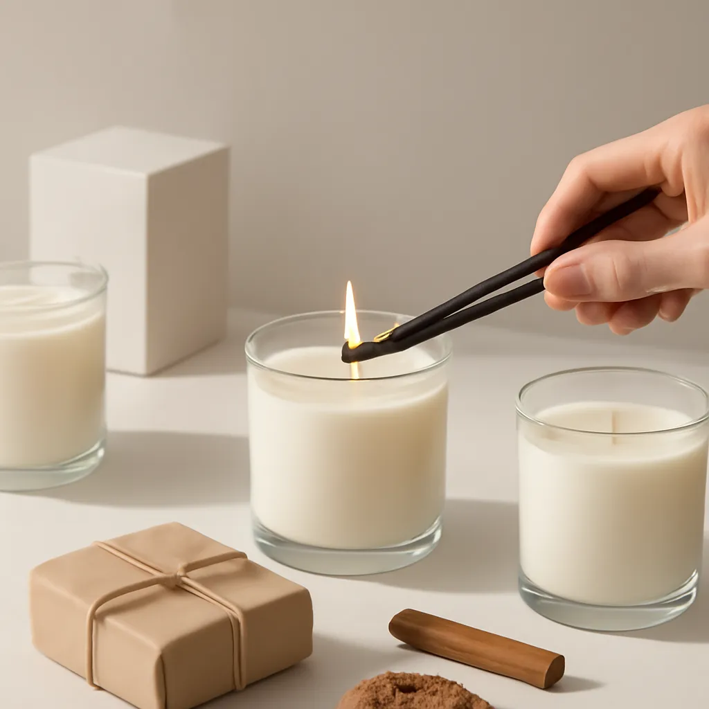 Create a practical how-to scene demonstrating vessel style and packaging. Include natural adult hands only if useful, performing one safe, believable action such as trimming a wick, placing a candle, comparing materials, arranging fragrance sources or wrapping a gift. Canvas size 2000 × 1500 px, photorealistic premium commercial photography, clean white gift studio with warm shadows. Keep the composition clean and editorial, with one clear focal point and realistic scale. Candle vessels should be physically correct, with smooth glass and believable wax surfaces; any flame must be small and realistic and should appear only when context requires it. Use restrained props that directly support "Scented Candle Gift Guide: 7 Things to Check Before Buying". Avoid excessive seasonal décor, duplicated ingredient arrangements, surreal fragrance smoke, AI artifacts, noisy textures, distorted hands, unreadable labels, typography, icons, logos and watermarks. Leave a small area of negative space for optional manual annotations. Crisp detail, natural shadows, realistic color balance and subtle depth of field.