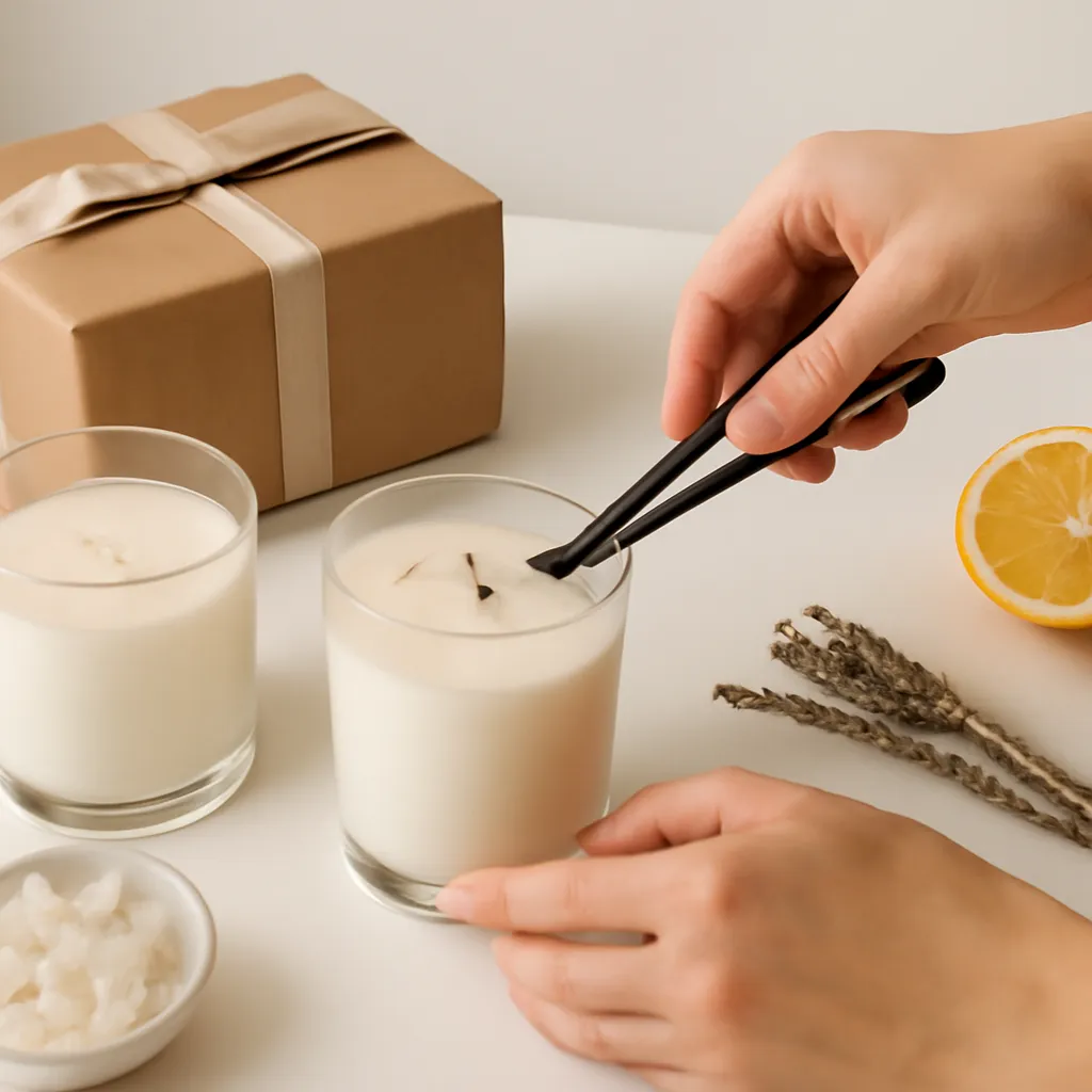 Create a practical how-to scene demonstrating vessel style and packaging. Include natural adult hands only if useful, performing one safe, believable action such as trimming a wick, placing a candle, comparing materials, arranging fragrance sources or wrapping a gift. Canvas size 2000 × 1500 px, photorealistic premium commercial photography, clean white gift studio with warm shadows. Keep the composition clean and editorial, with one clear focal point and realistic scale. Candle vessels should be physically correct, with smooth glass and believable wax surfaces; any flame must be small and realistic and should appear only when context requires it. Use restrained props that directly support "Candle Gift Ideas 2026: How to Choose a Scent They'll Love". Avoid excessive seasonal décor, duplicated ingredient arrangements, surreal fragrance smoke, AI artifacts, noisy textures, distorted hands, unreadable labels, typography, icons, logos and watermarks. Leave a small area of negative space for optional manual annotations. Crisp detail, natural shadows, realistic color balance and subtle depth of field.