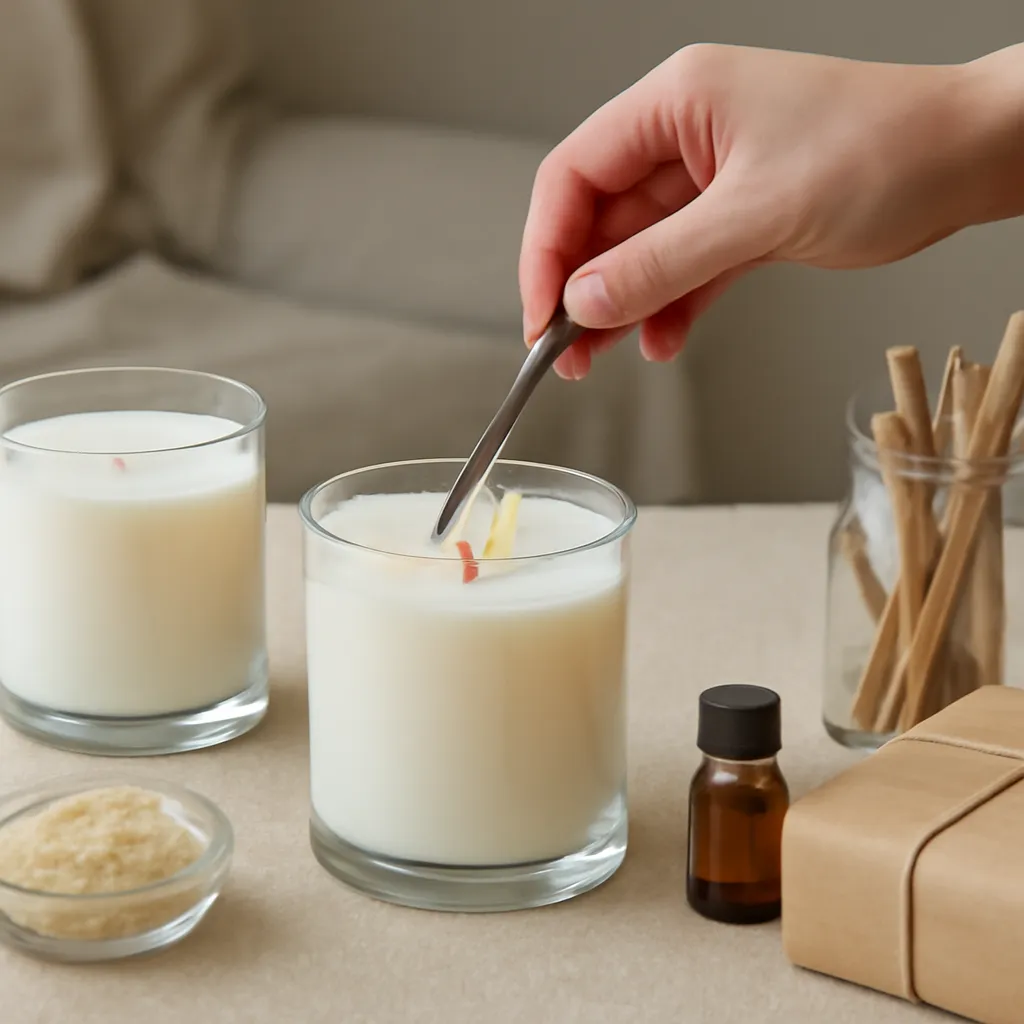 Create a practical how-to scene demonstrating wax-pool behavior. Include natural adult hands only if useful, performing one safe, believable action such as trimming a wick, placing a candle, comparing materials, arranging fragrance sources or wrapping a gift. Canvas size 2000 × 1500 px, photorealistic premium commercial photography, cozy reading-room setting with muted beige textiles. Keep the composition clean and editorial, with one clear focal point and realistic scale. Candle vessels should be physically correct, with smooth glass and believable wax surfaces; any flame must be small and realistic and should appear only when context requires it. Use restrained props that directly support "Candle Care Basics: 10 Mistakes That Can Ruin Your Scented Candle". Avoid excessive seasonal décor, duplicated ingredient arrangements, surreal fragrance smoke, AI artifacts, noisy textures, distorted hands, unreadable labels, typography, icons, logos and watermarks. Leave a small area of negative space for optional manual annotations. Crisp detail, natural shadows, realistic color balance and subtle depth of field.