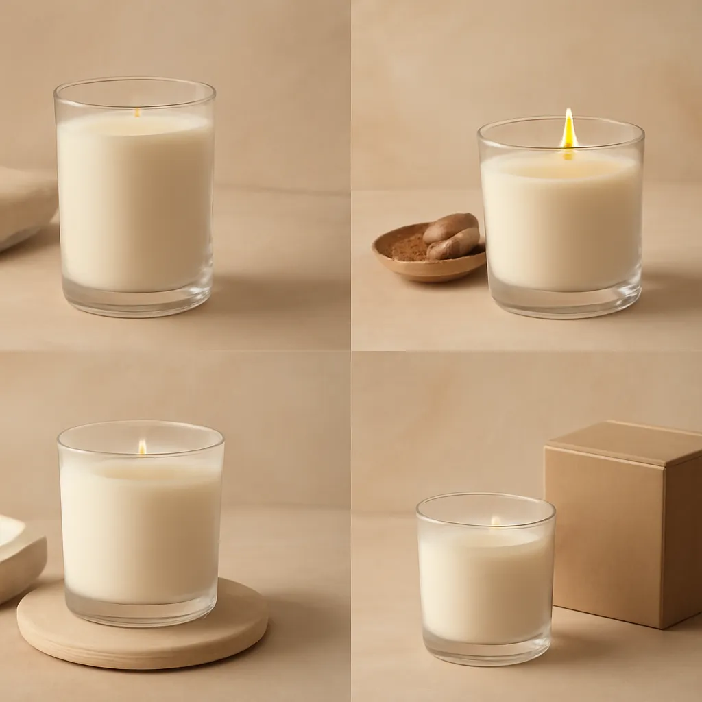 Create a comparison or decision-guide visual around drafts and room conditions. Arrange two to four clearly differentiated options in a balanced layout, with enough visual separation that labels can be added later in design software. Do not generate typography. Canvas size 2000 × 1500 px, photorealistic premium commercial photography, warm neutral studio with cream stone and soft amber light. Keep the composition clean and editorial, with one clear focal point and realistic scale. Candle vessels should be physically correct, with smooth glass and believable wax surfaces; any flame must be small and realistic and should appear only when context requires it. Use restrained props that directly support "Candle Care 2026: How to Burn Scented Candles the Right Way". Avoid excessive seasonal décor, duplicated ingredient arrangements, surreal fragrance smoke, AI artifacts, noisy textures, distorted hands, unreadable labels, typography, icons, logos and watermarks. Leave a small area of negative space for optional manual annotations. Crisp detail, natural shadows, realistic color balance and subtle depth of field.